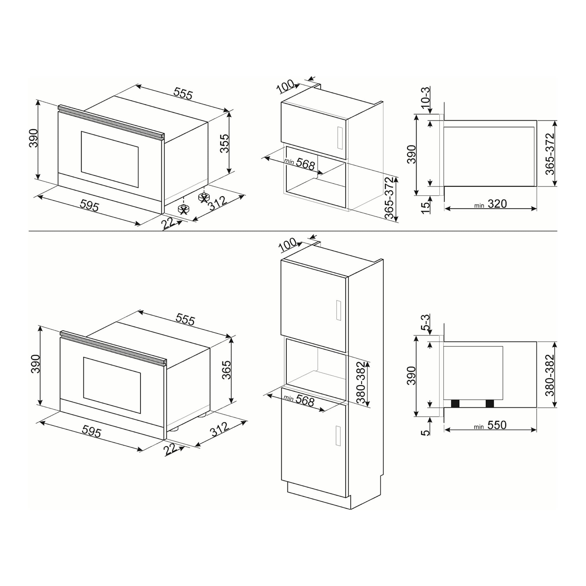 Esquema técnico del microondas integrado Smeg MP422X1 en inox, con vistas frontal y lateral y medidas.