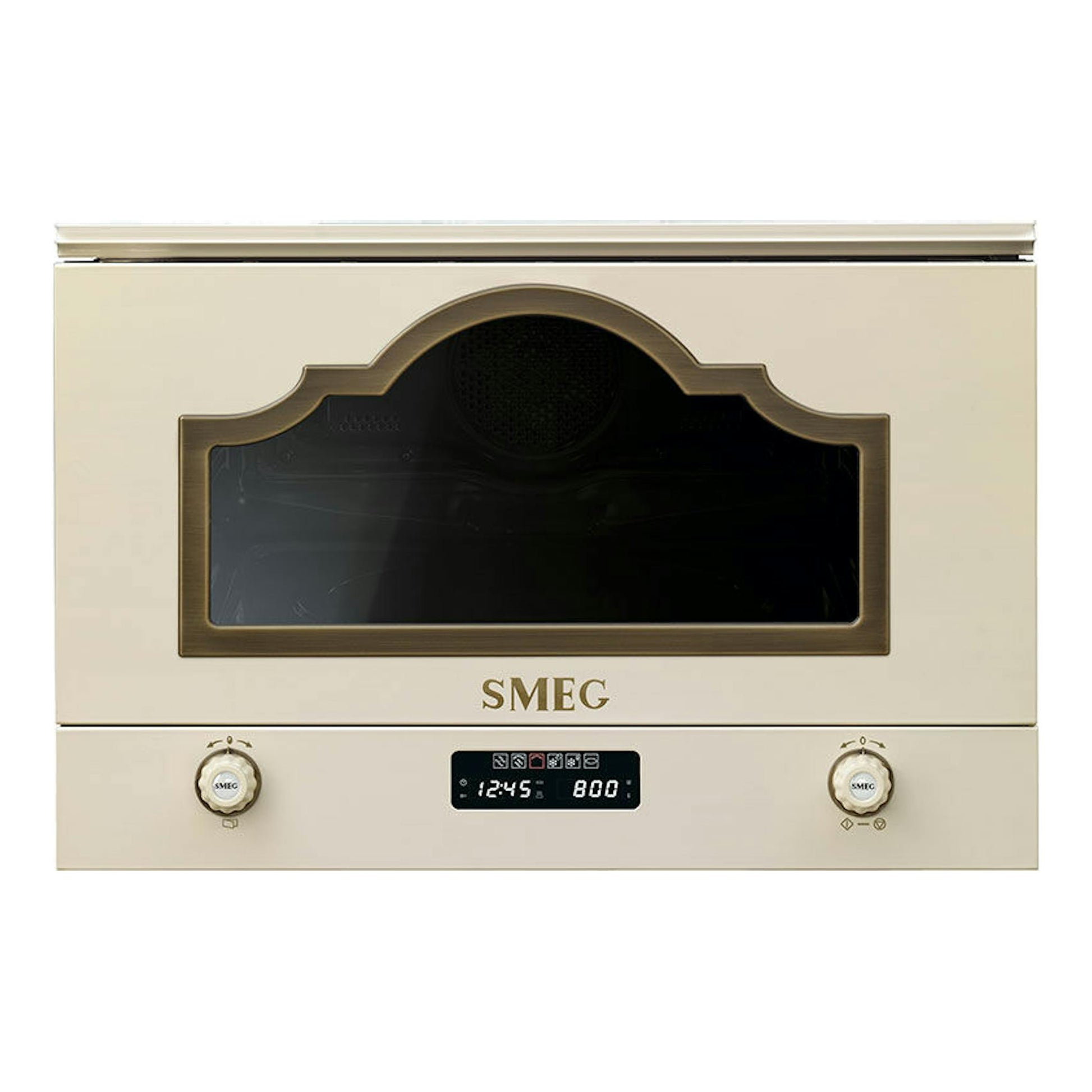 Microondas Smeg MP722PO color crema, vista frontal, con puerta negra y mandos plateados.