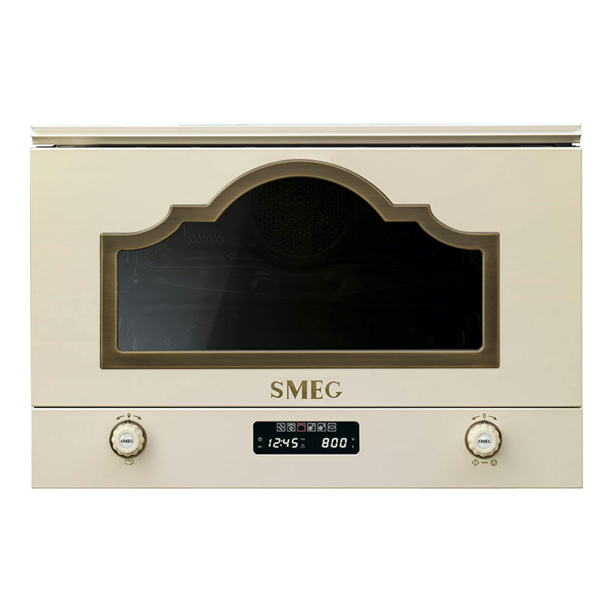 Microondas Smeg MP722PO color crema, vista frontal, con puerta negra y mandos plateados.