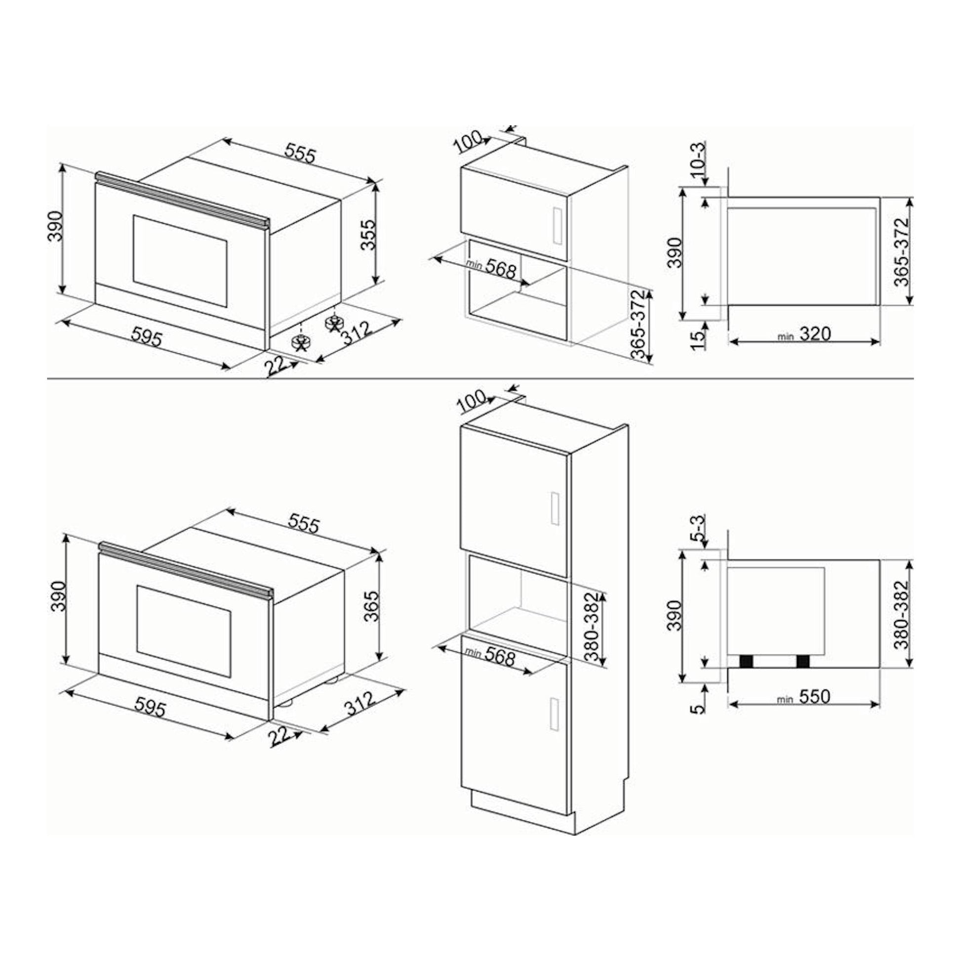 Diagrama de medidas de microondas Smeg MP722PO crema, con vistas frontal, lateral e instalación.