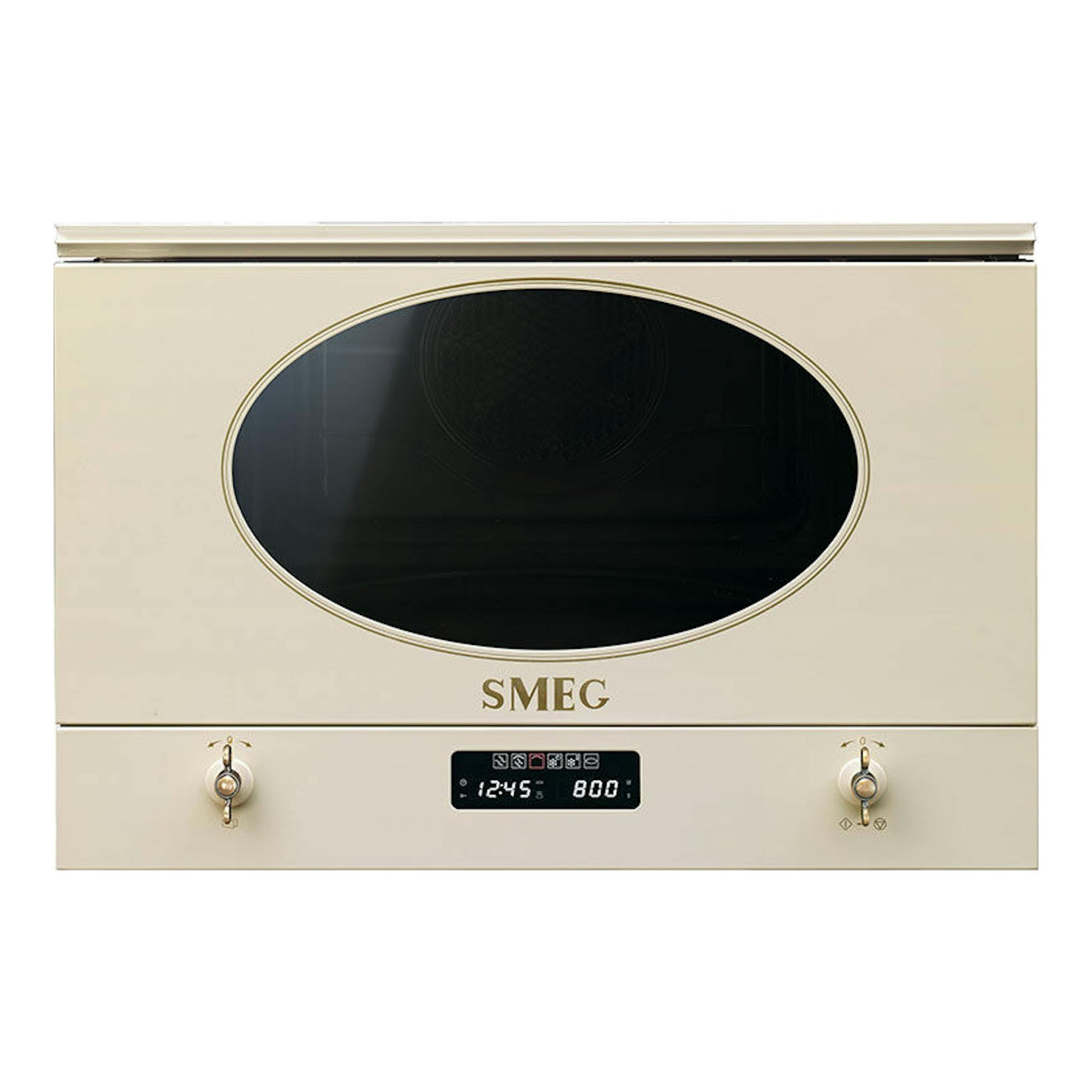 Microondas Smeg MP822PO crema, vista frontal, con puerta ovalada negra y panel digital.