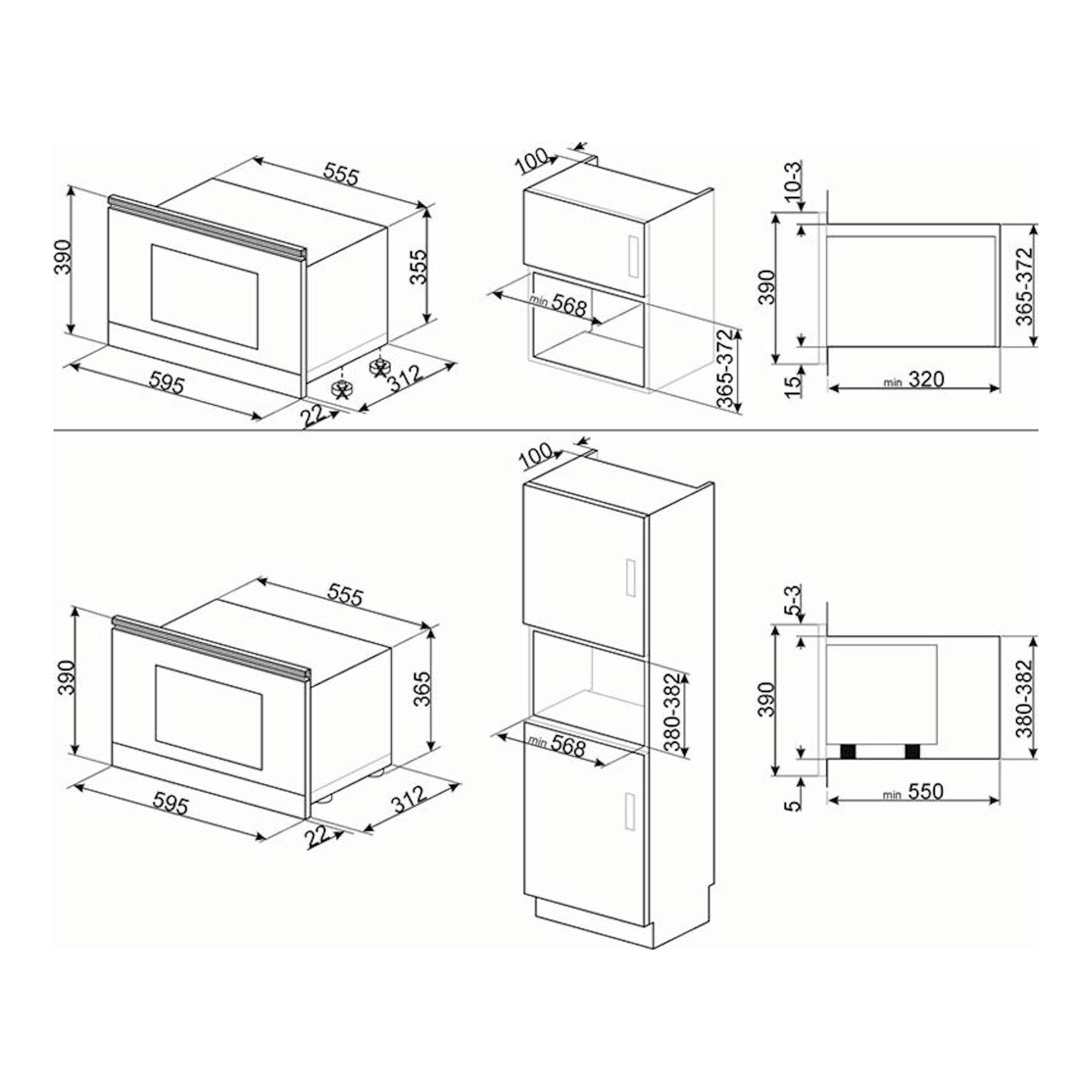 Diagrama técnico del microondas Smeg MP822PO crema, con vistas frontal, lateral e indicaciones de medidas.