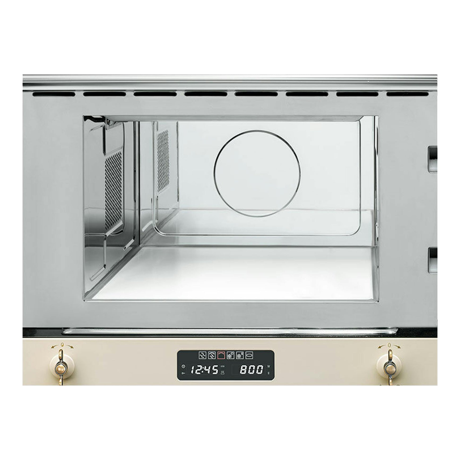 Microondas Smeg MP822PO crema, vista frontal de empotrar con interior visible y panel con dos mandos.