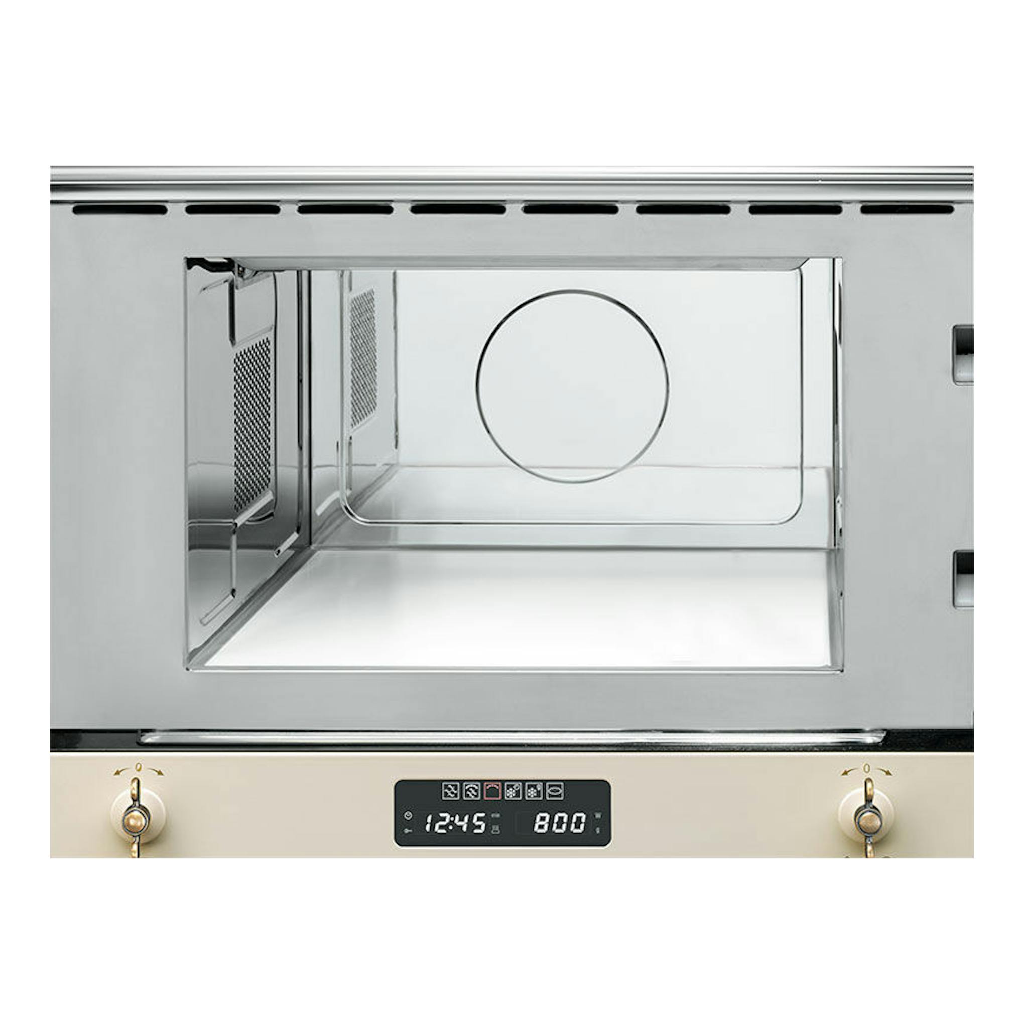 Microondas Smeg MP822PO crema, vista frontal de empotrar con interior visible y panel con dos mandos.