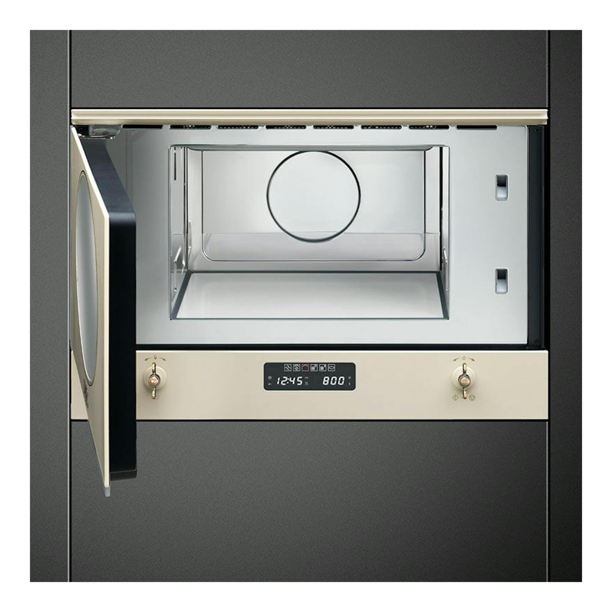 Microondas empotrado Smeg MP822PO crema, vista frontal con la puerta abierta.