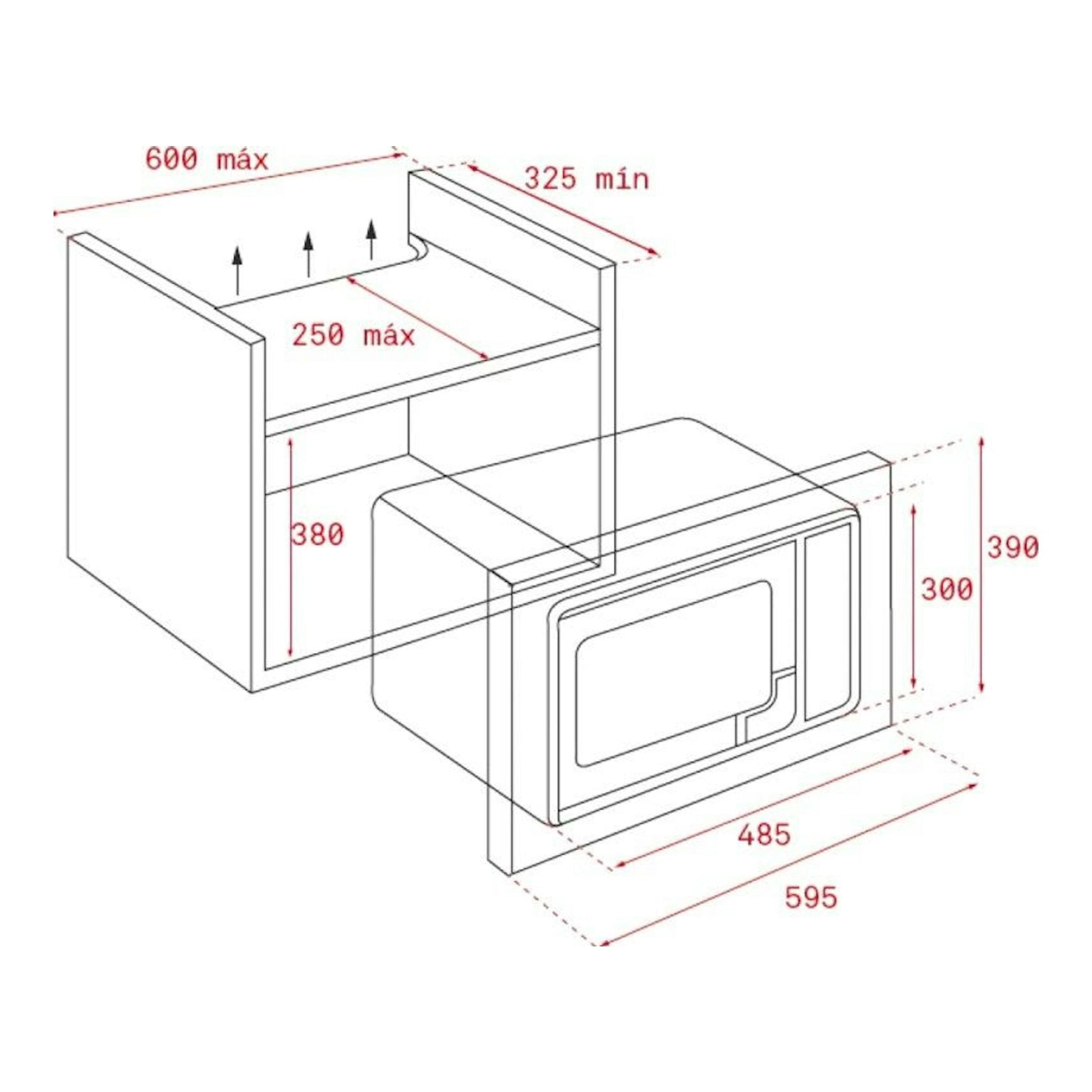 Diagrama de instalación del microondas empotrable Teka ML820BIS blanco, con medidas y hueco de encastre.
