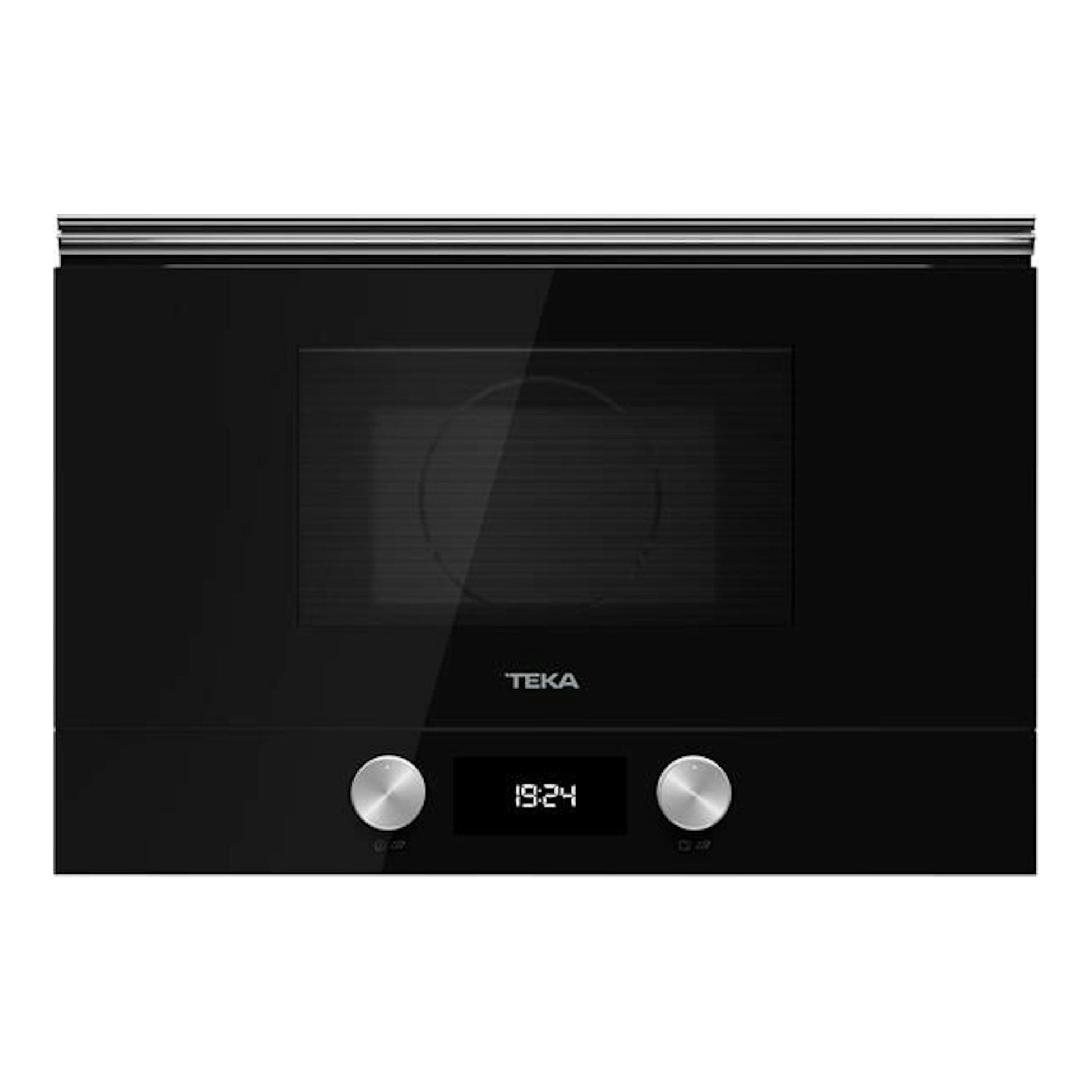 Microondas empotrable Teka negro, vista frontal, con puerta de vidrio, dos mandos plateados y display digital.