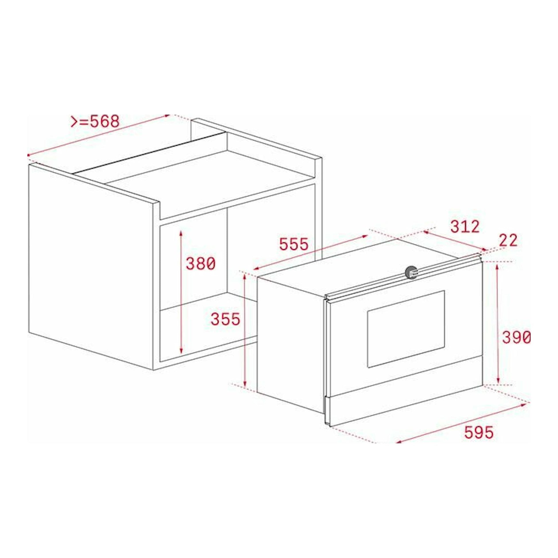 Teka ML8220BIS BK: esquema técnico de microondas integrable negro con medidas de instalación y frontal.