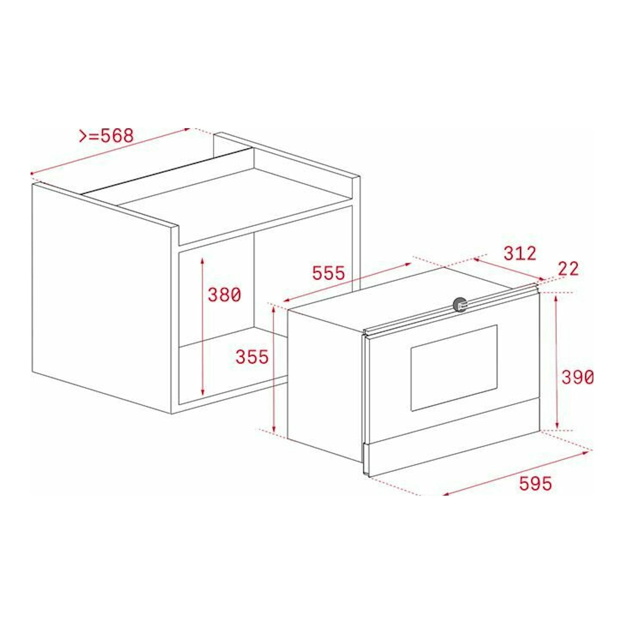 Teka ML8220BIS BK: esquema técnico de microondas integrable negro con medidas de instalación y frontal.
