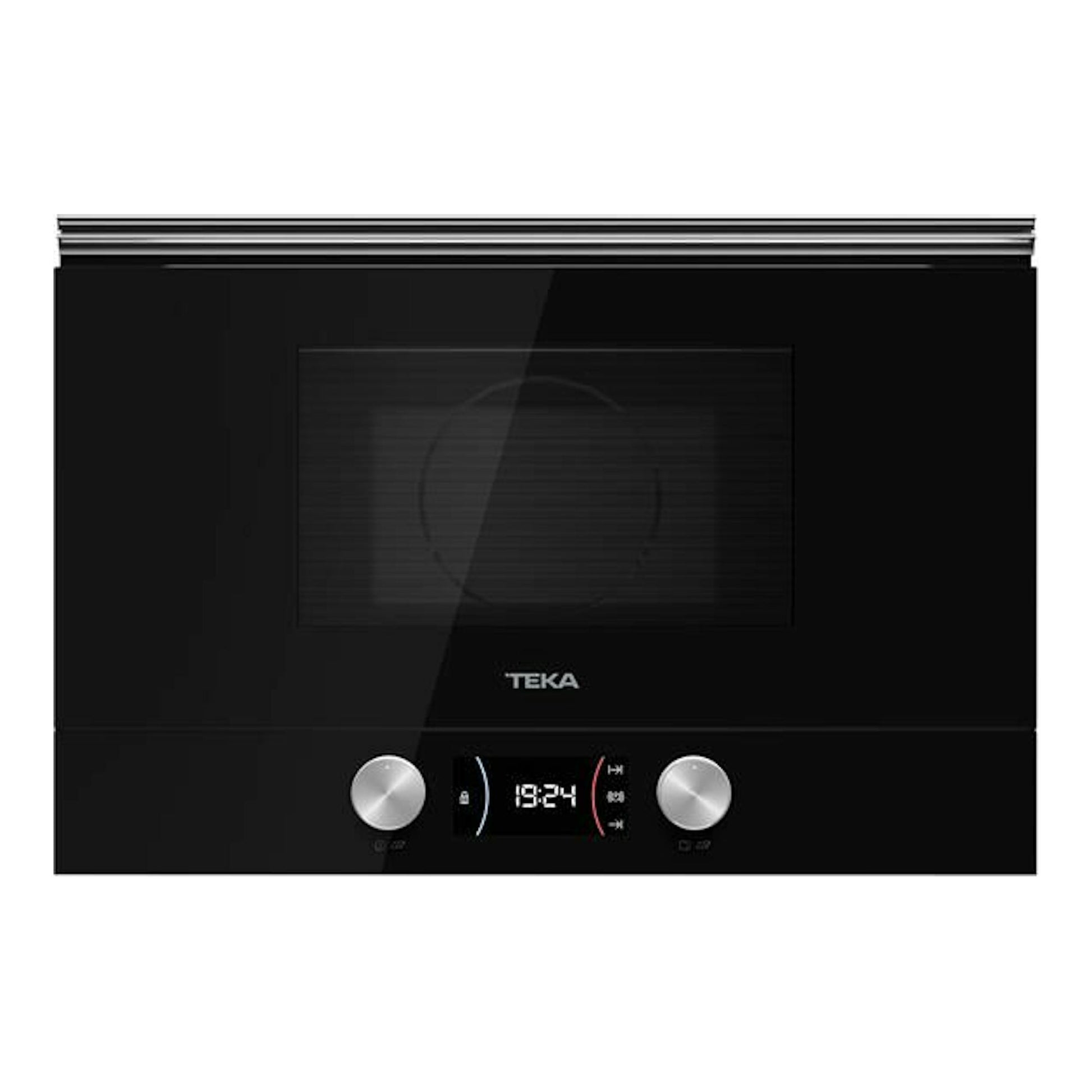 Microondas empotrable Teka ML8220BIS BK negro, vista frontal, con pantalla digital y dos mandos plateados.