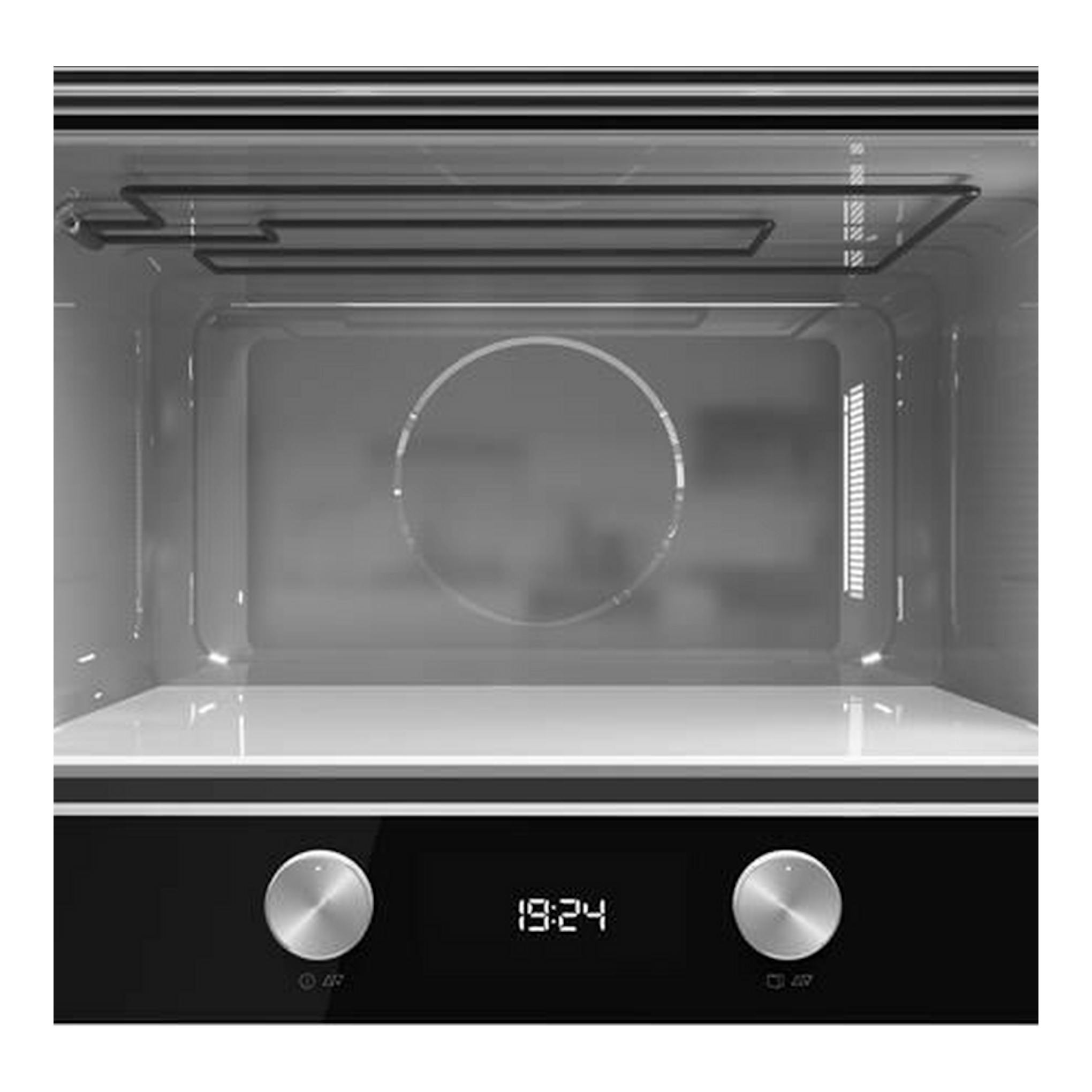 Microondas Teka ML8220BIS BK negro, vista frontal abierta, interior gris, display digital y dos mandos plateados.