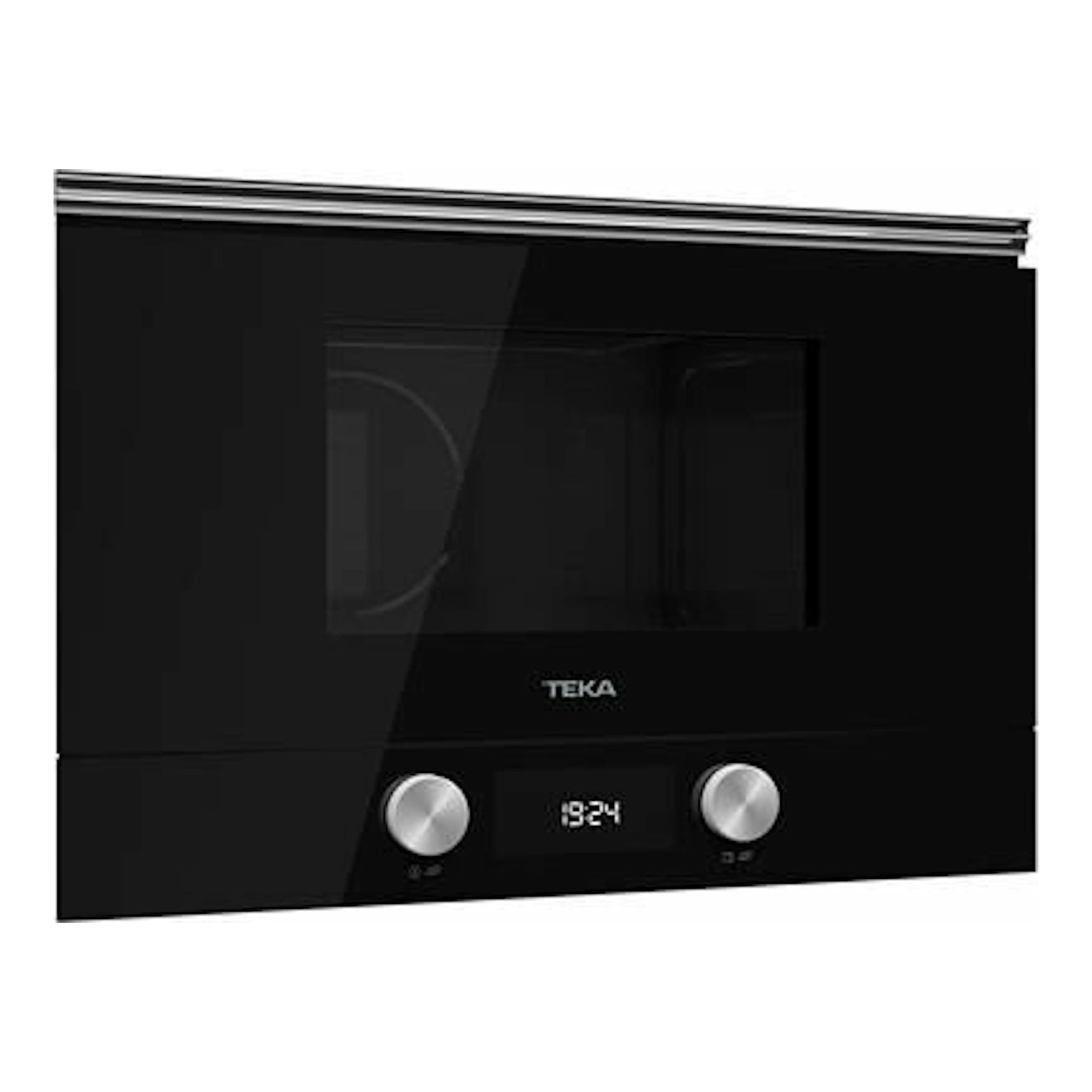 Microondas empotrable Teka ML8220BIS BK negro, vista frontal con puerta de vidrio y dos mandos plateados.