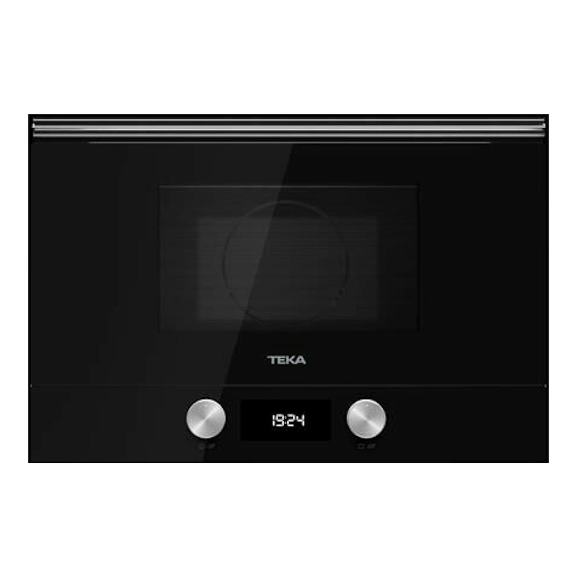 Microondas empotrable Teka ML8220BIS BK negro, vista frontal, con pantalla digital y dos mandos plateados.