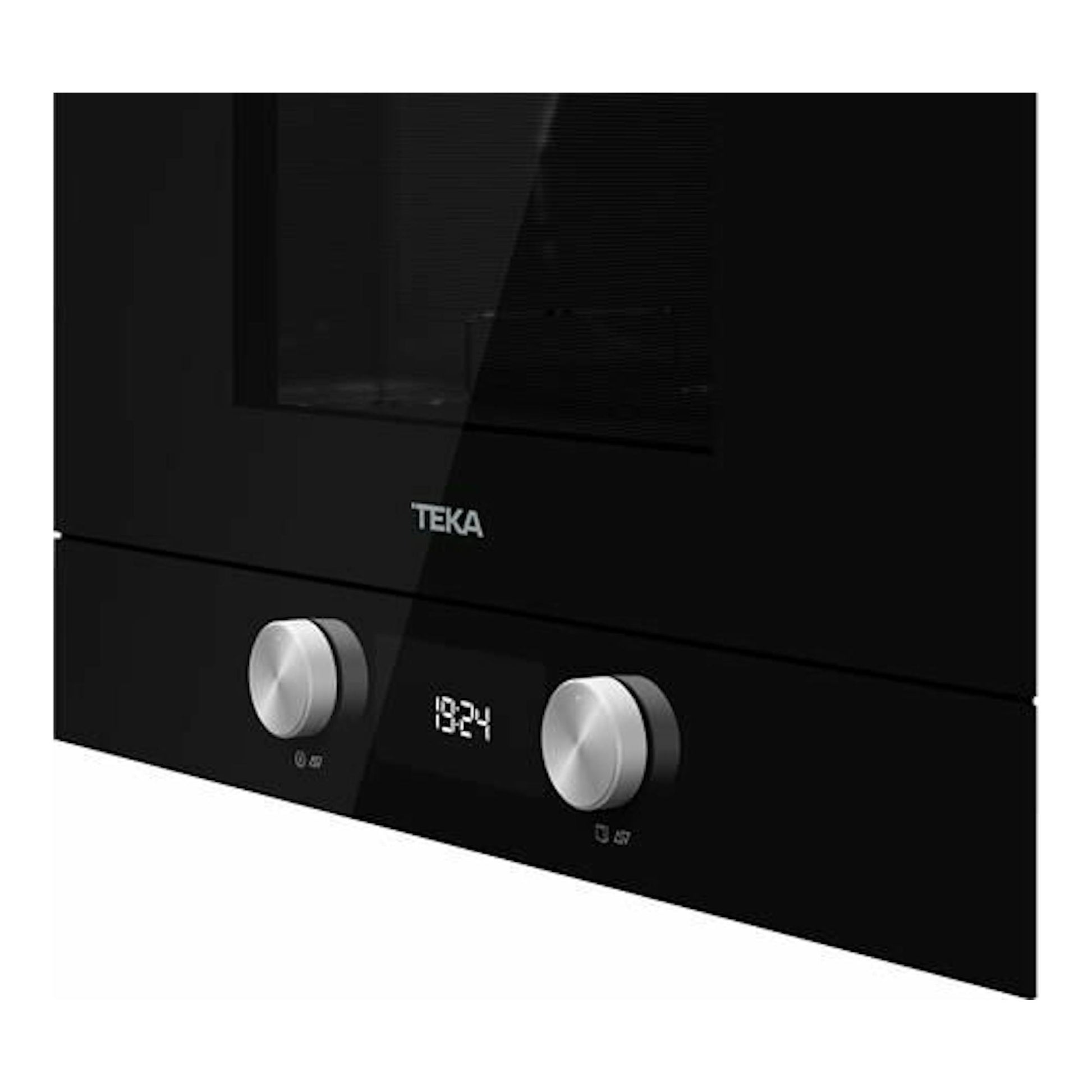 Microondas empotrable Teka ML8220BIS BK negro, vista frontal inclinada, con dos mandos plateados y display.