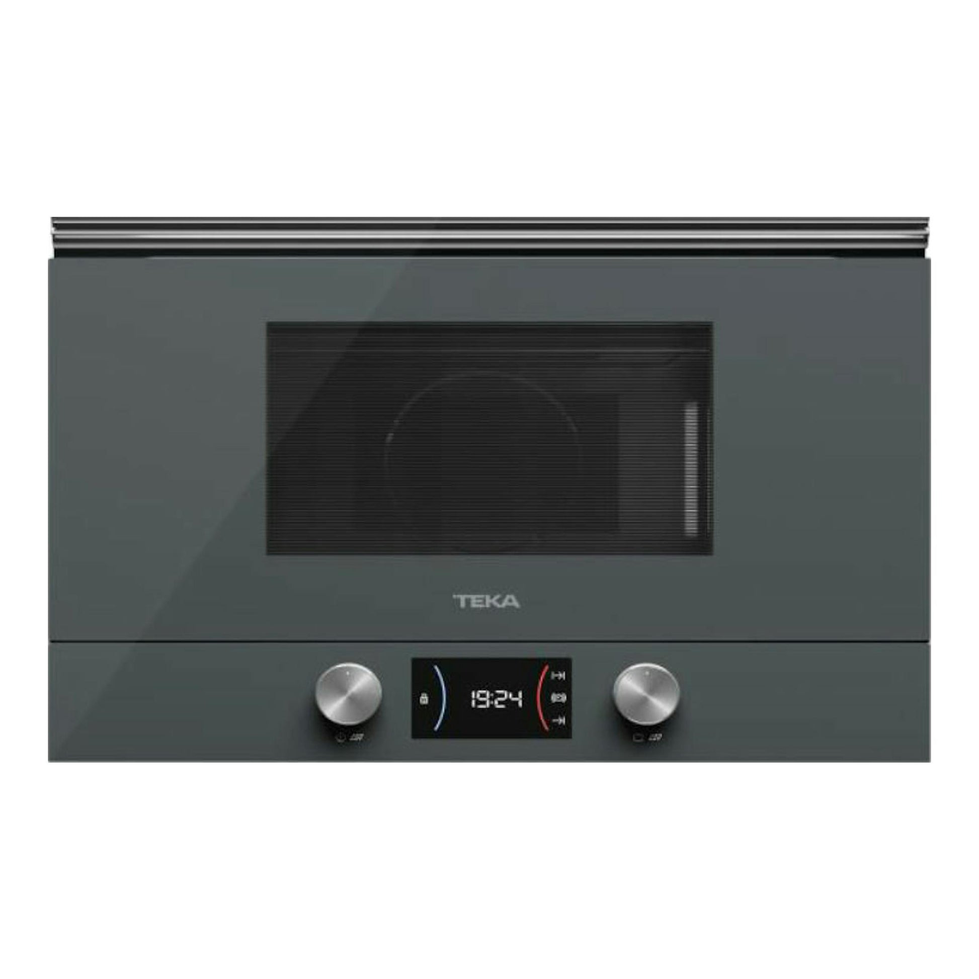 Microondas empotrable Teka ML8220BIS gris, vista frontal, con puerta negra, pantalla digital y dos mandos.