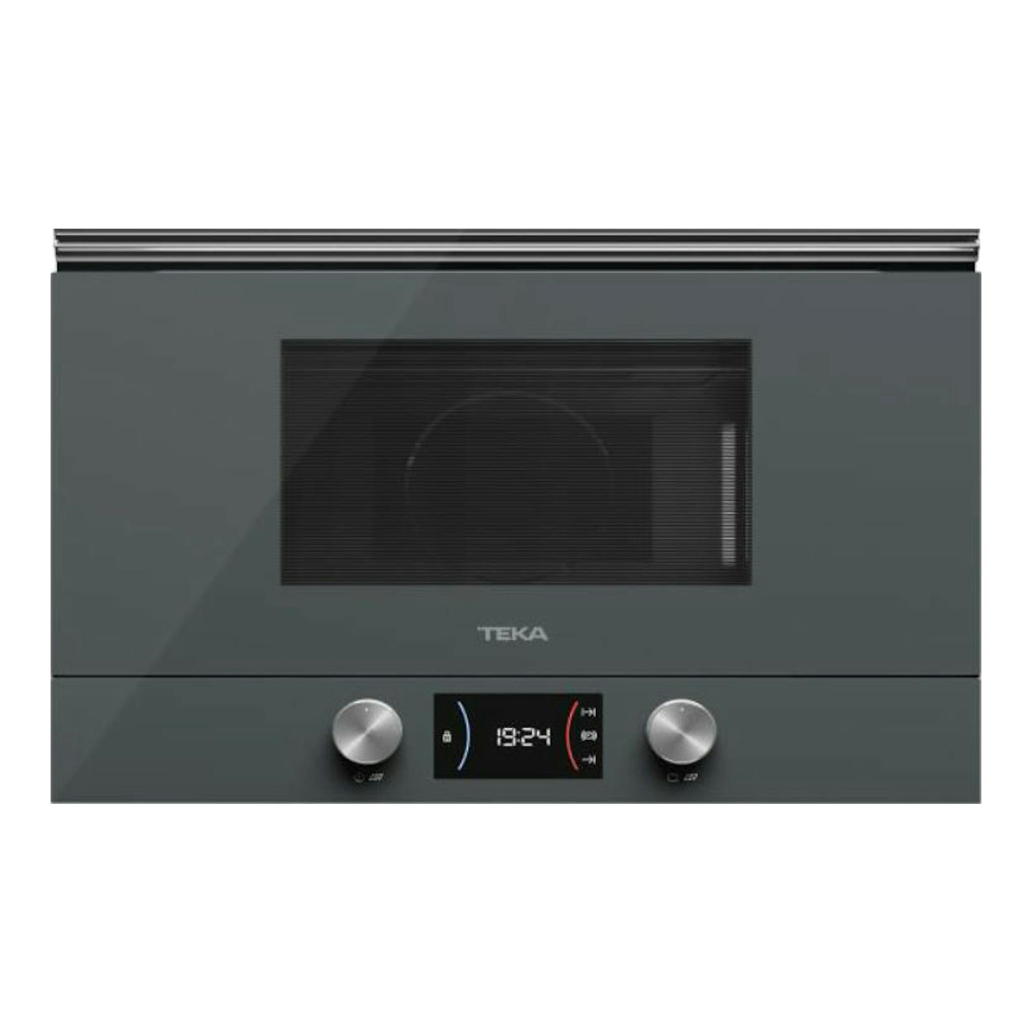 Microondas empotrable Teka ML8220BIS gris, vista frontal, con puerta negra, pantalla digital y dos mandos.