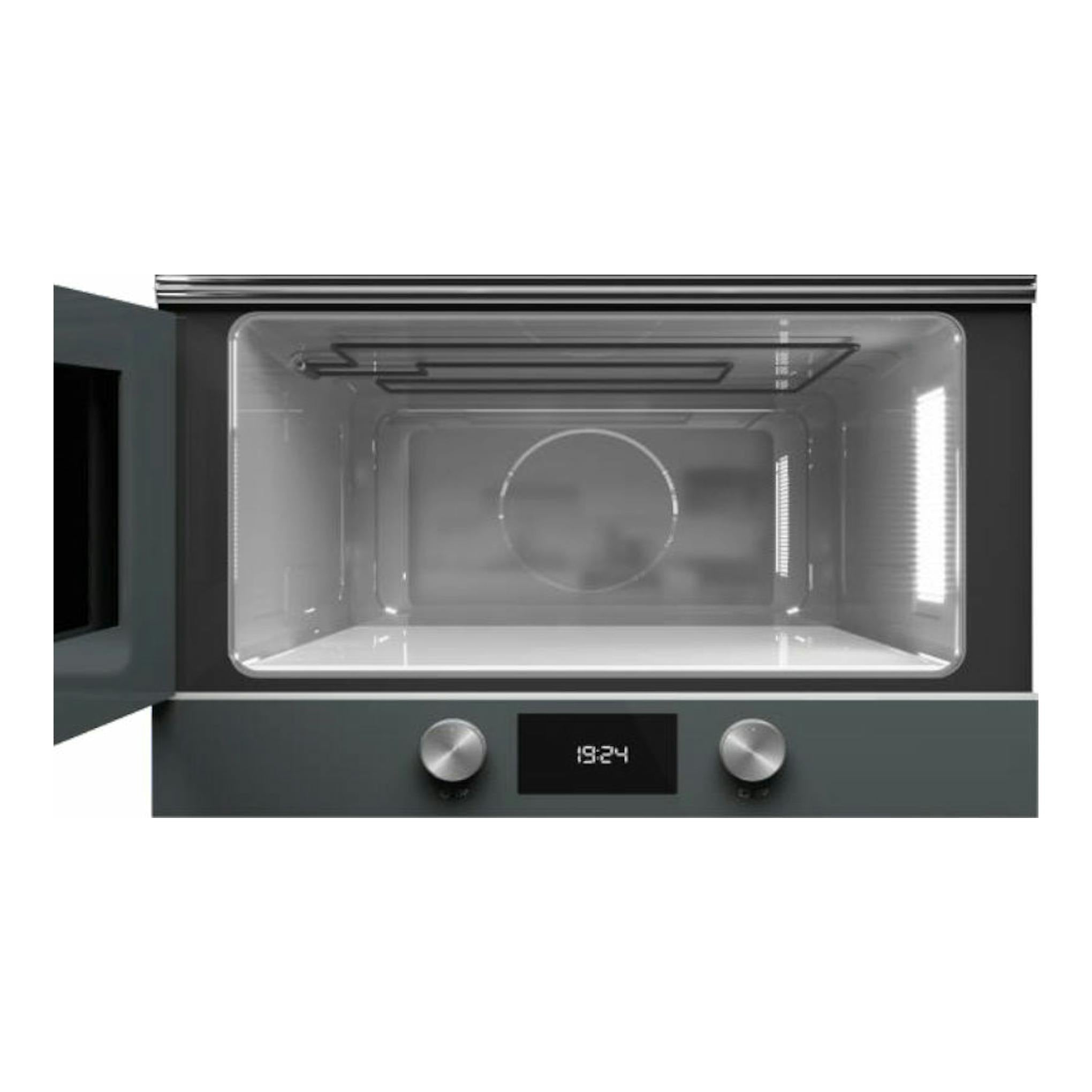 Microondas Teka ML8220BIS gris empotrable, vista frontal con puerta abierta, interior visible y dos mandos.