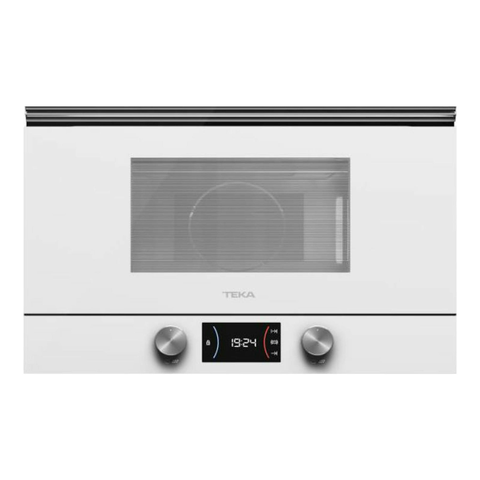 Microondas empotrable Teka ML8220BIS WH blanco, vista frontal, con dos mandos y panel digital.