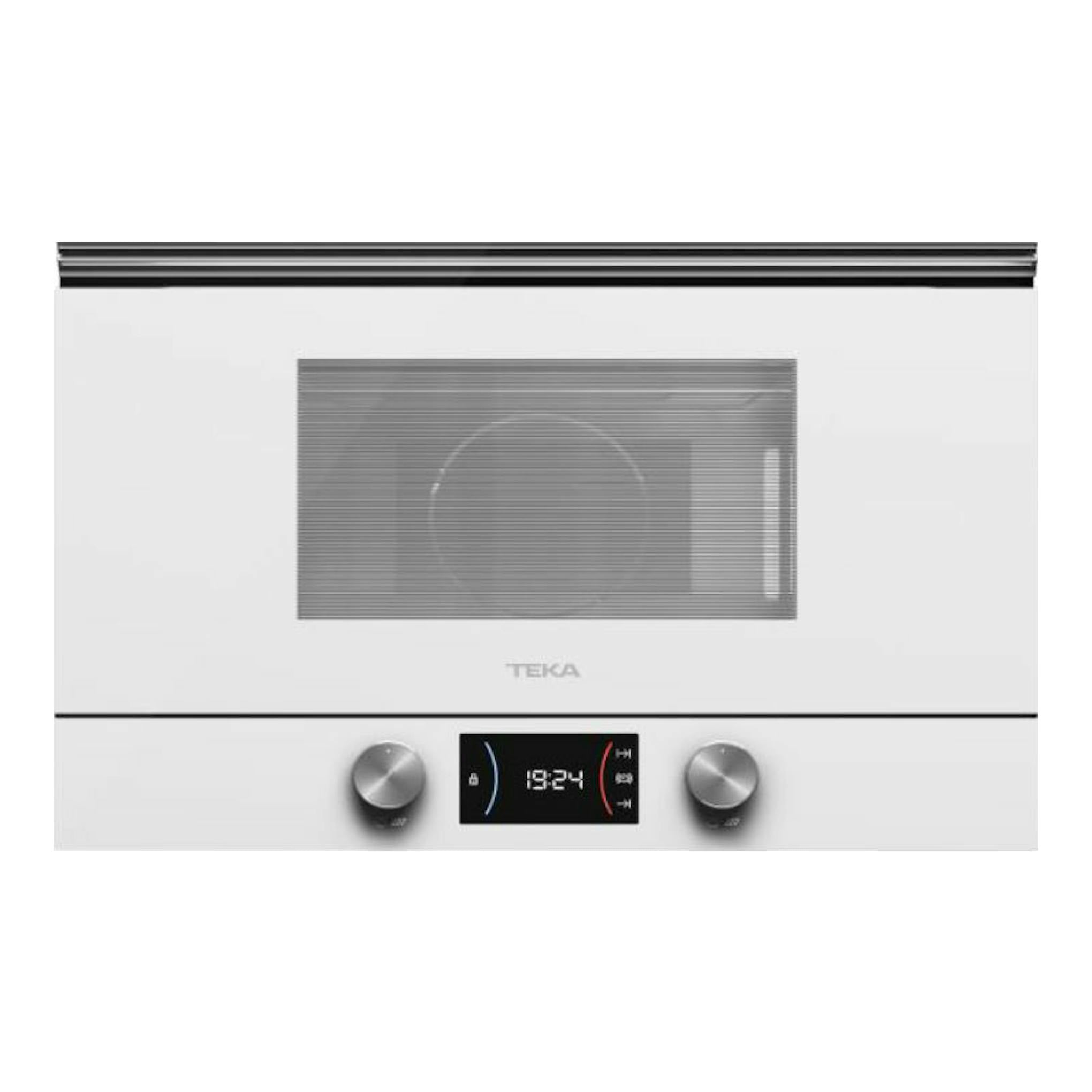 Microondas empotrable Teka ML8220BIS WH blanco, vista frontal, con dos mandos y panel digital.