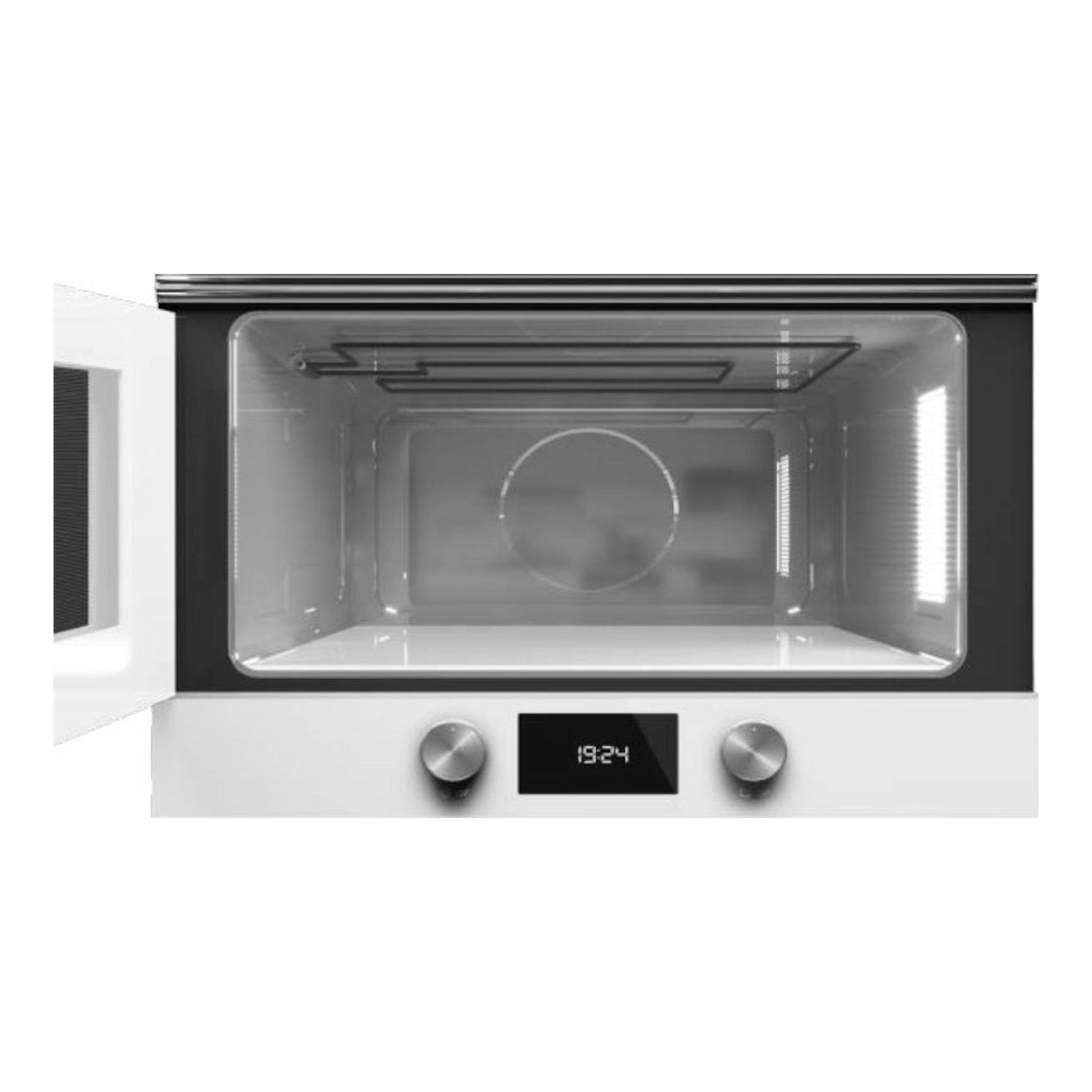 Microondas empotrable Teka ML8220BIS WH blanco, vista frontal con puerta abierta, dos mandos y display digital.