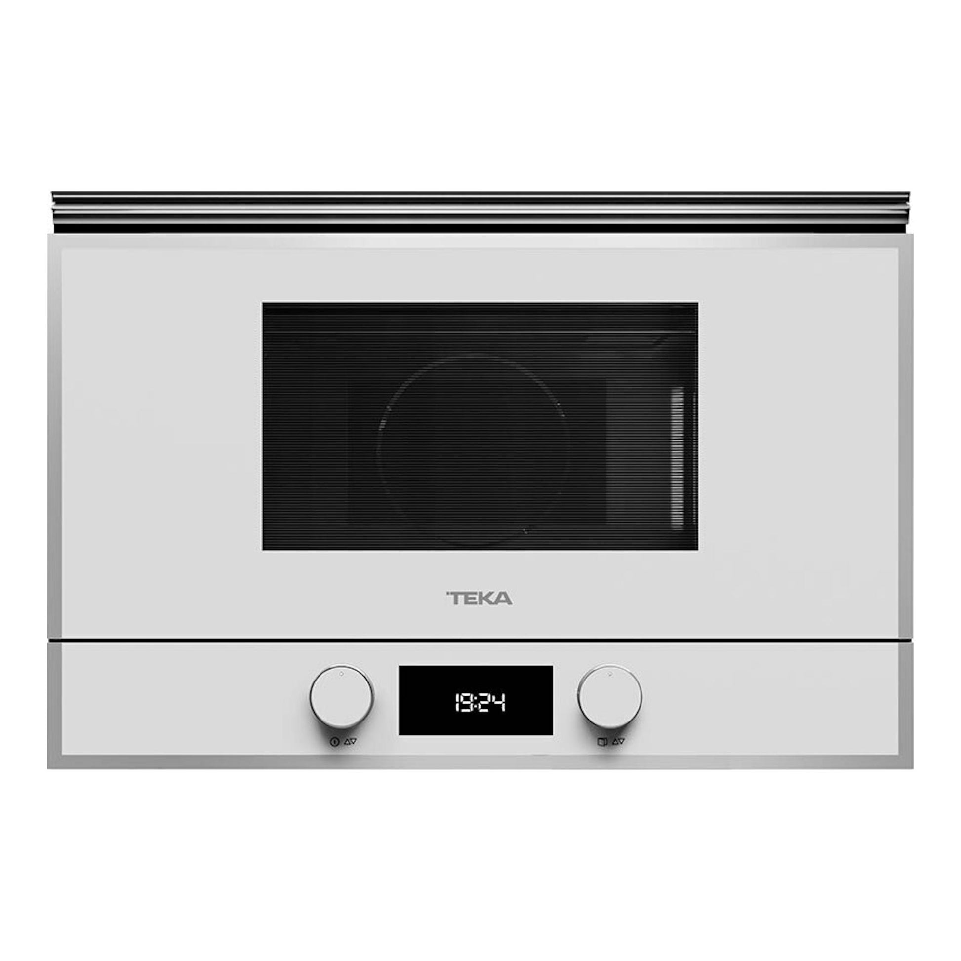 Microondas empotrado Teka ML822BIS L blanco, vista frontal, con puerta negra, dos mandos y display digital.