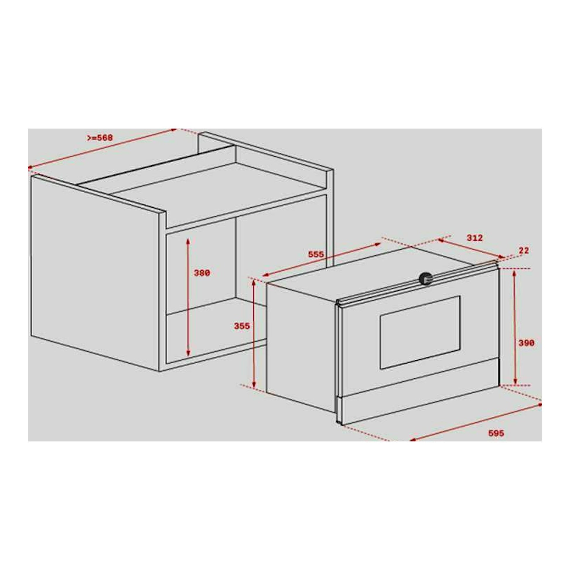Diagrama técnico del microondas Teka ML822BIS L blanco, vista en perspectiva con medidas de instalación.