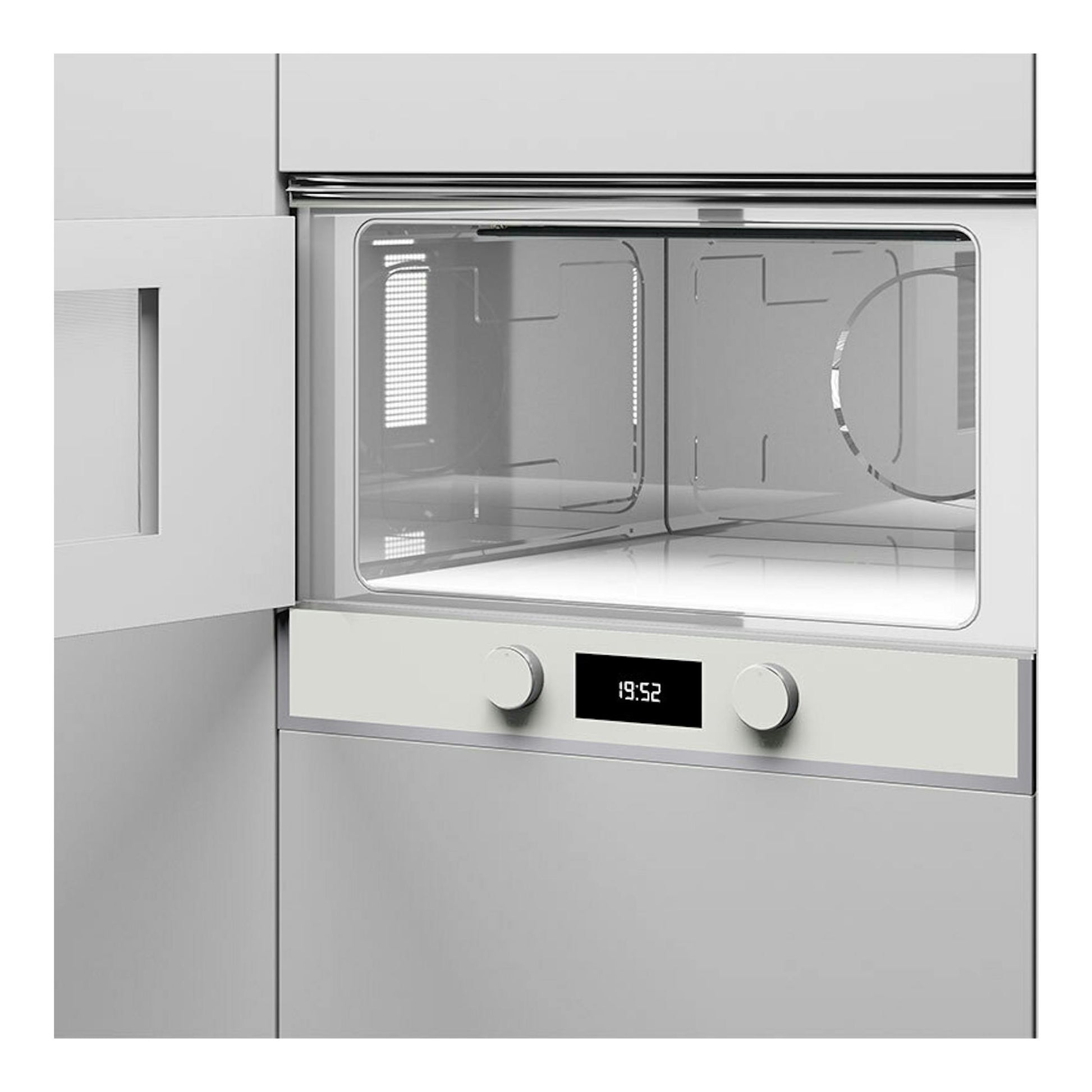Microondas empotrado Teka ML822BIS L blanco, vista frontal, con dos mandos y display digital.
