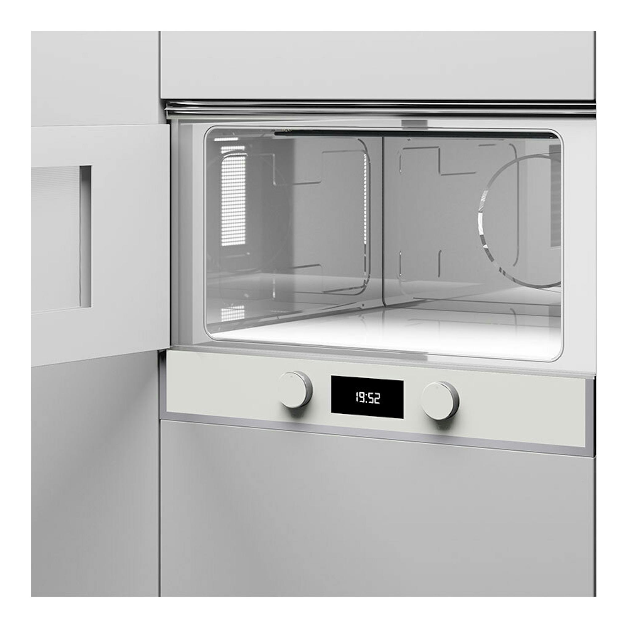 Microondas empotrado Teka ML822BIS L blanco, vista frontal, con dos mandos y display digital.
