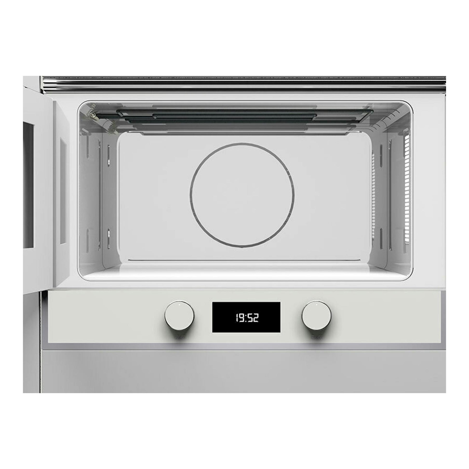 Microondas empotrable Teka ML822BIS L blanco, puerta abierta, interior visible y dos mandos frontales.