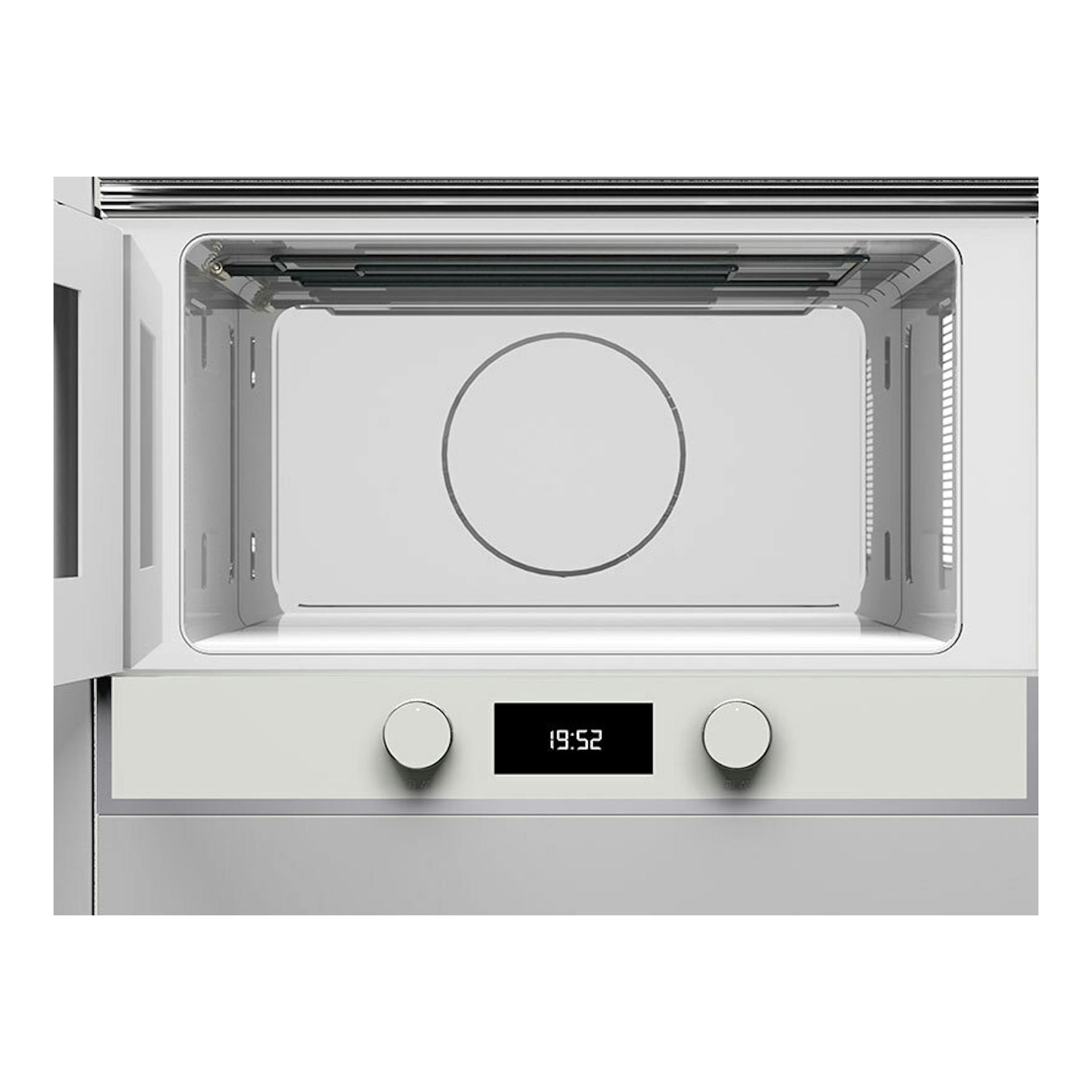 Microondas empotrable Teka ML822BIS L blanco, puerta abierta, interior visible y dos mandos frontales.