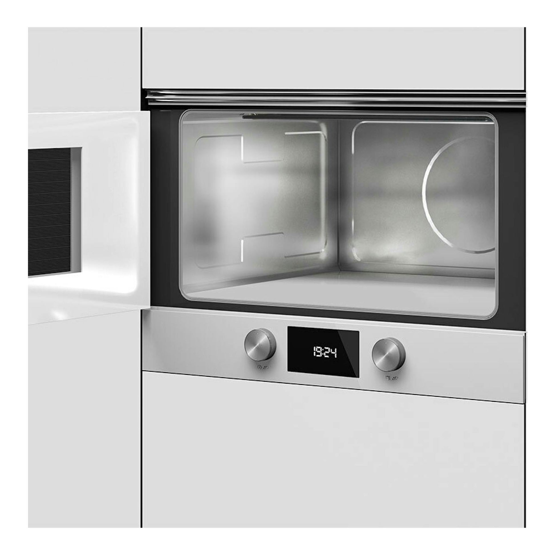 Microondas empotrado Teka ML822BIS L, vista frontal, puerta abierta y panel con dos mandos.