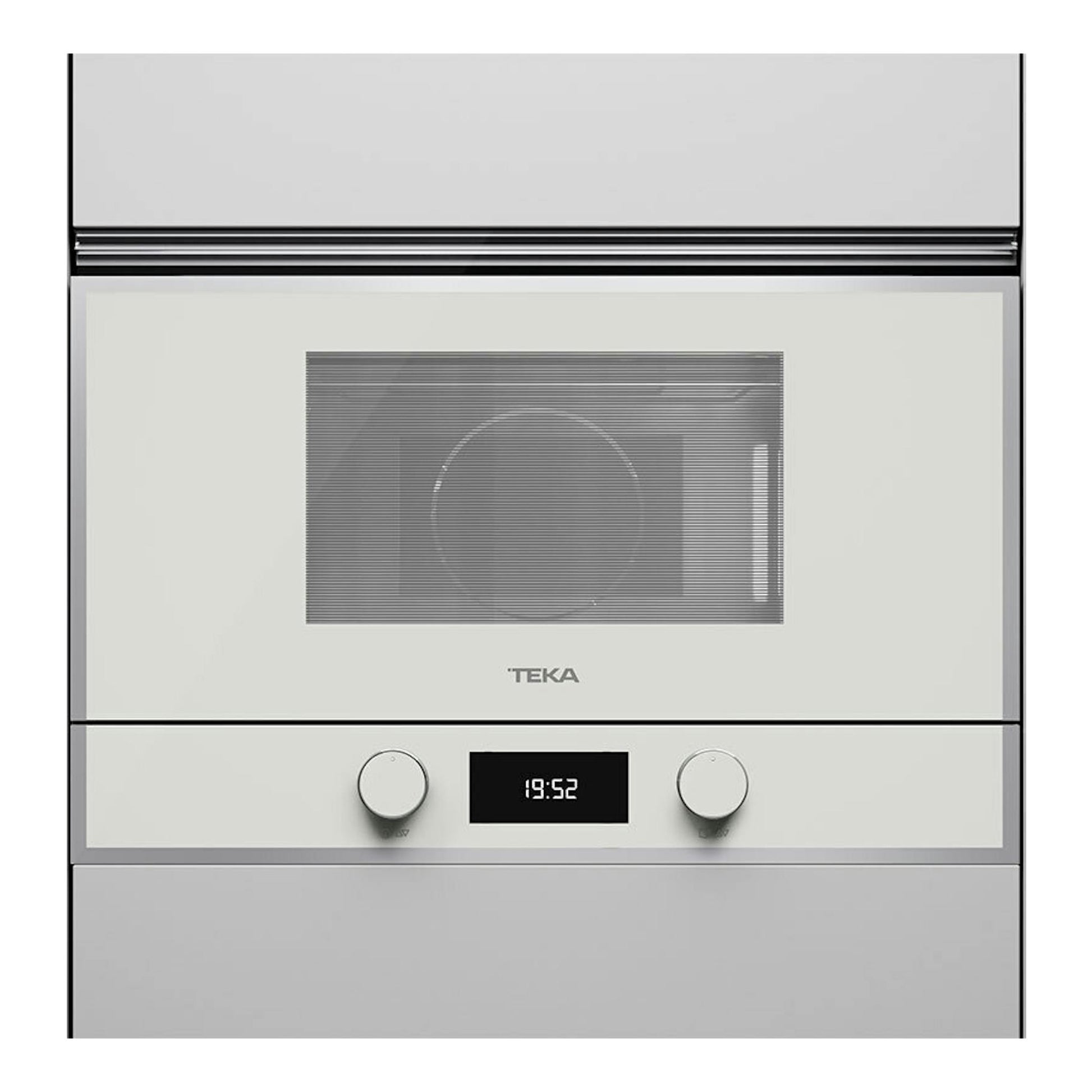 Microondas empotrado Teka ML822BIS L blanco, vista frontal, con dos mandos y pantalla digital.