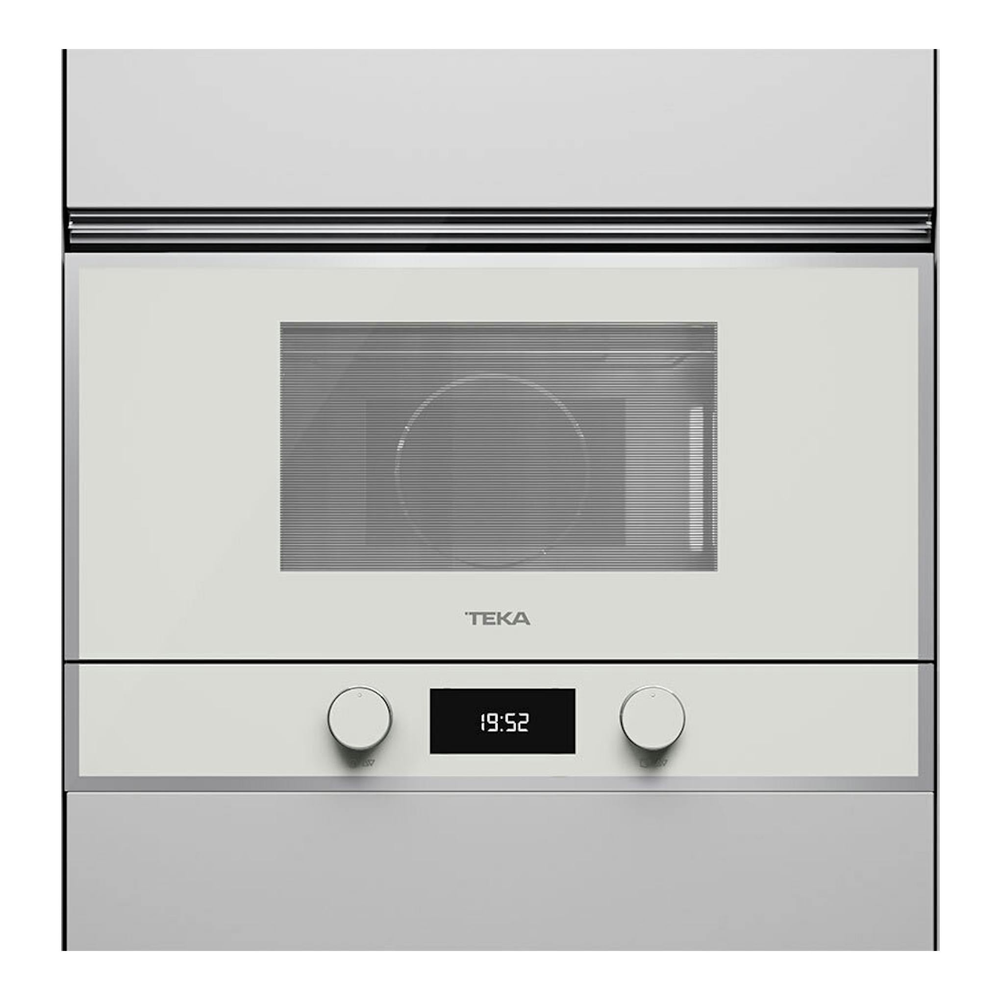 Microondas empotrado Teka ML822BIS L blanco, vista frontal, con dos mandos y pantalla digital.