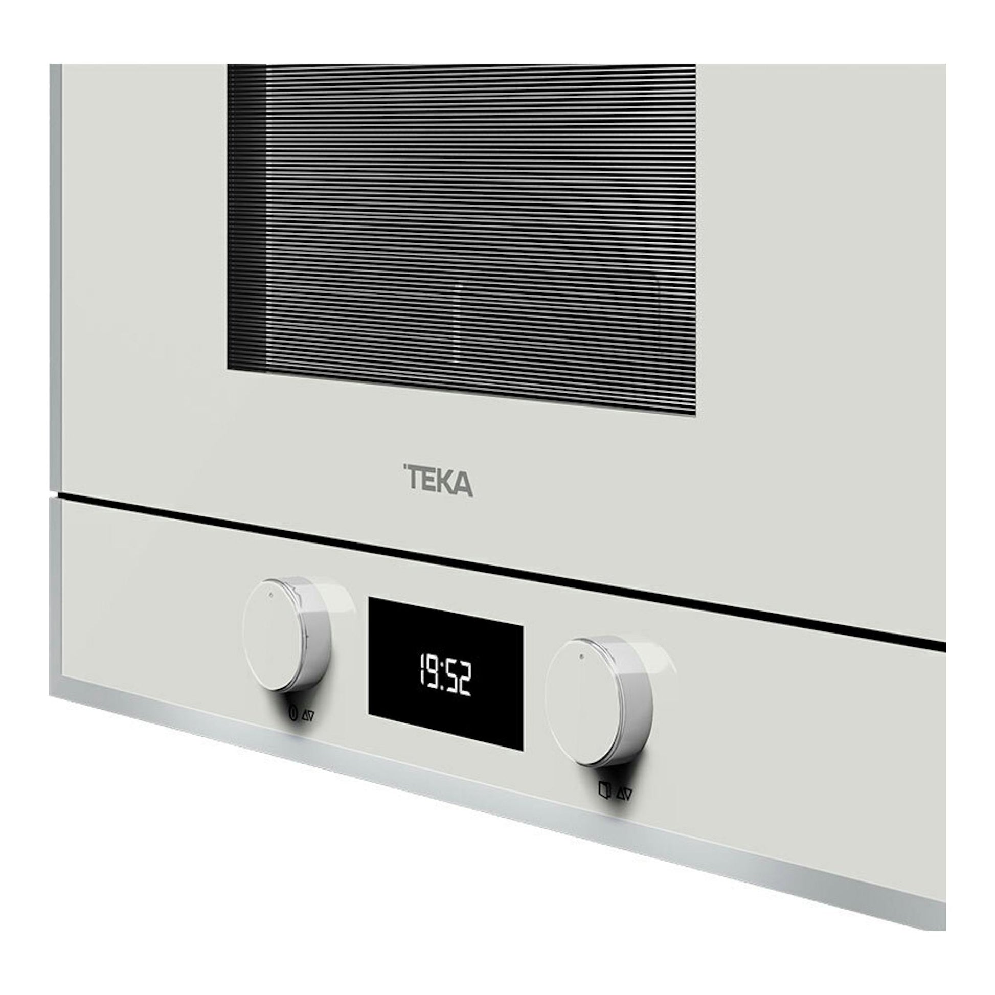 Microondas empotrable Teka ML822BIS L blanco, vista frontal con dos mandos y pantalla digital.