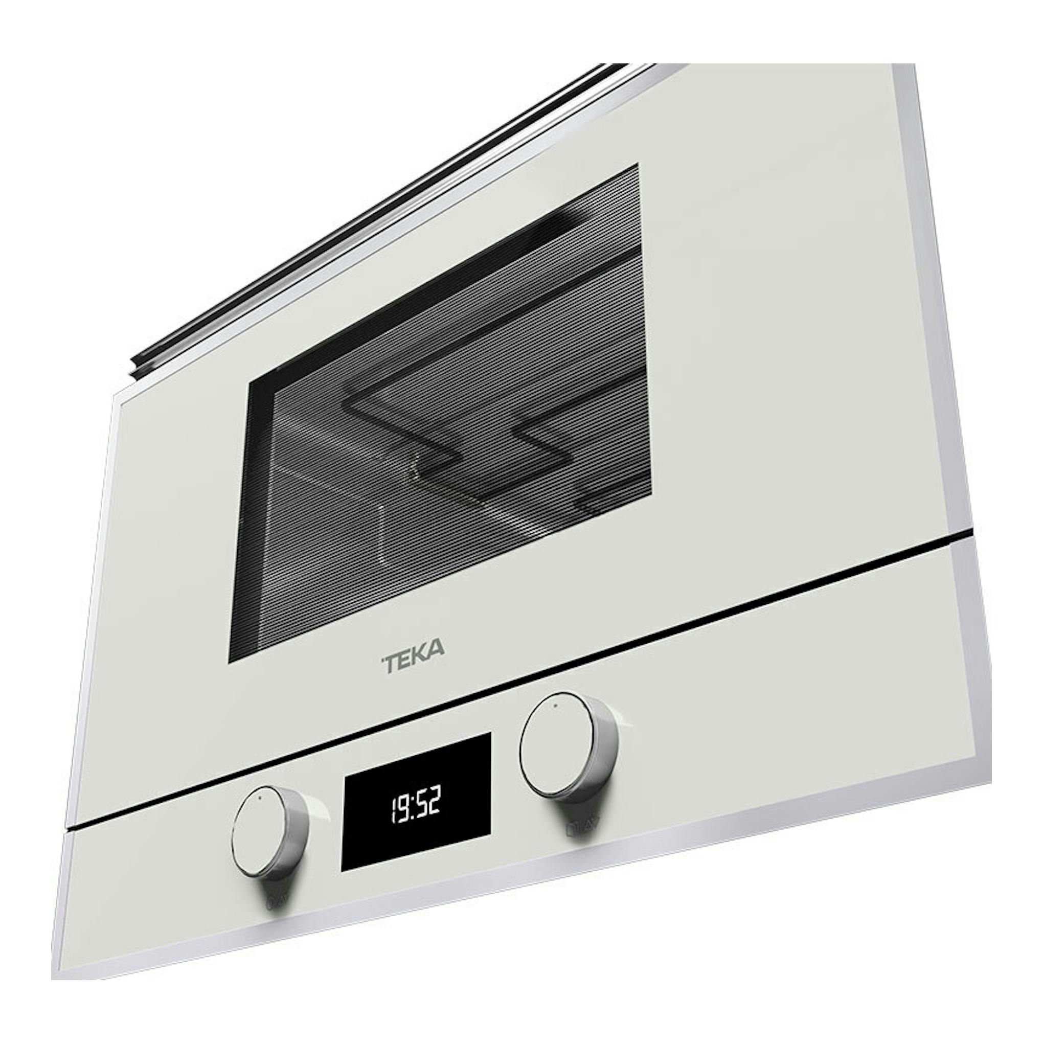 Microondas empotrable Teka ML822BIS L blanco, vista frontal en ángulo, con pantalla y dos mandos.