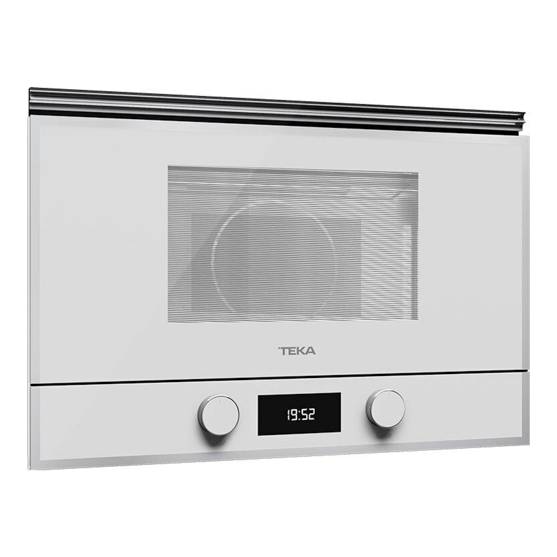 Microondas empotrable Teka ML822BIS L blanco, vista frontal, con dos mandos y display digital.