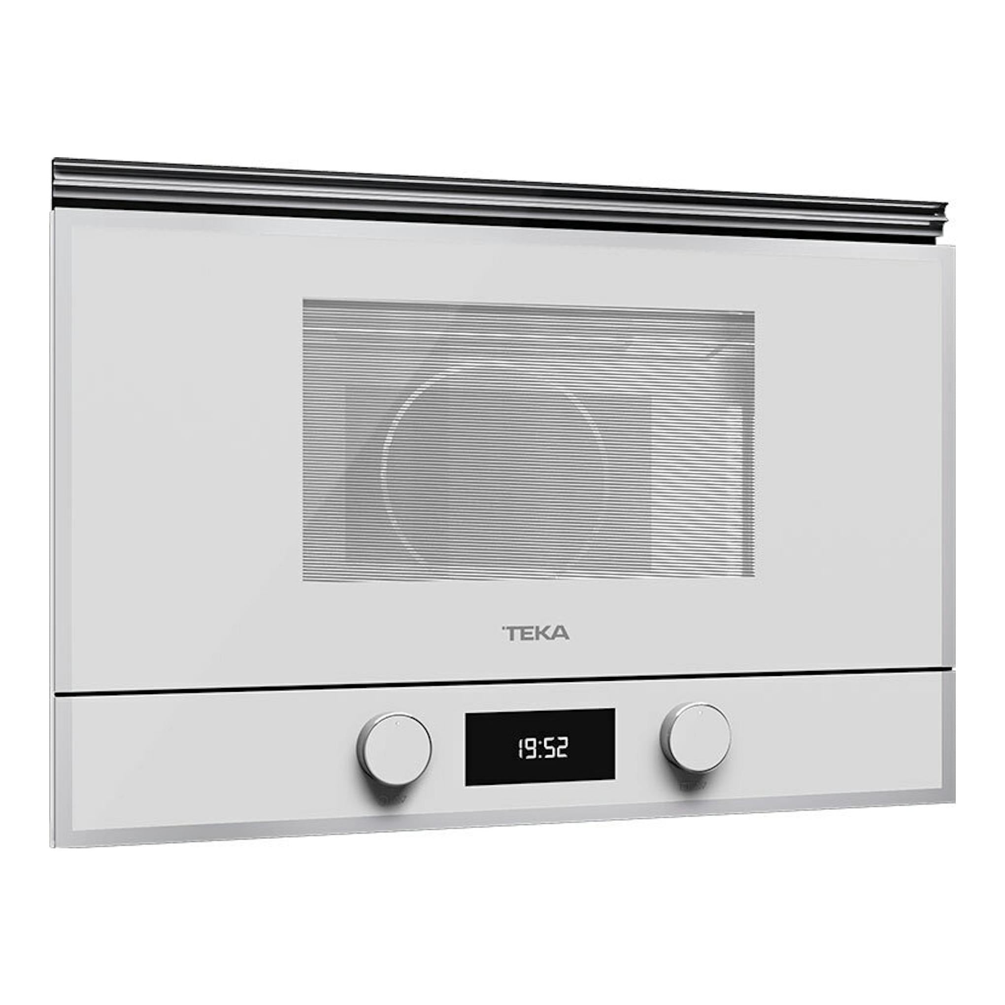 Microondas empotrable Teka ML822BIS L blanco, vista frontal, con dos mandos y display digital.