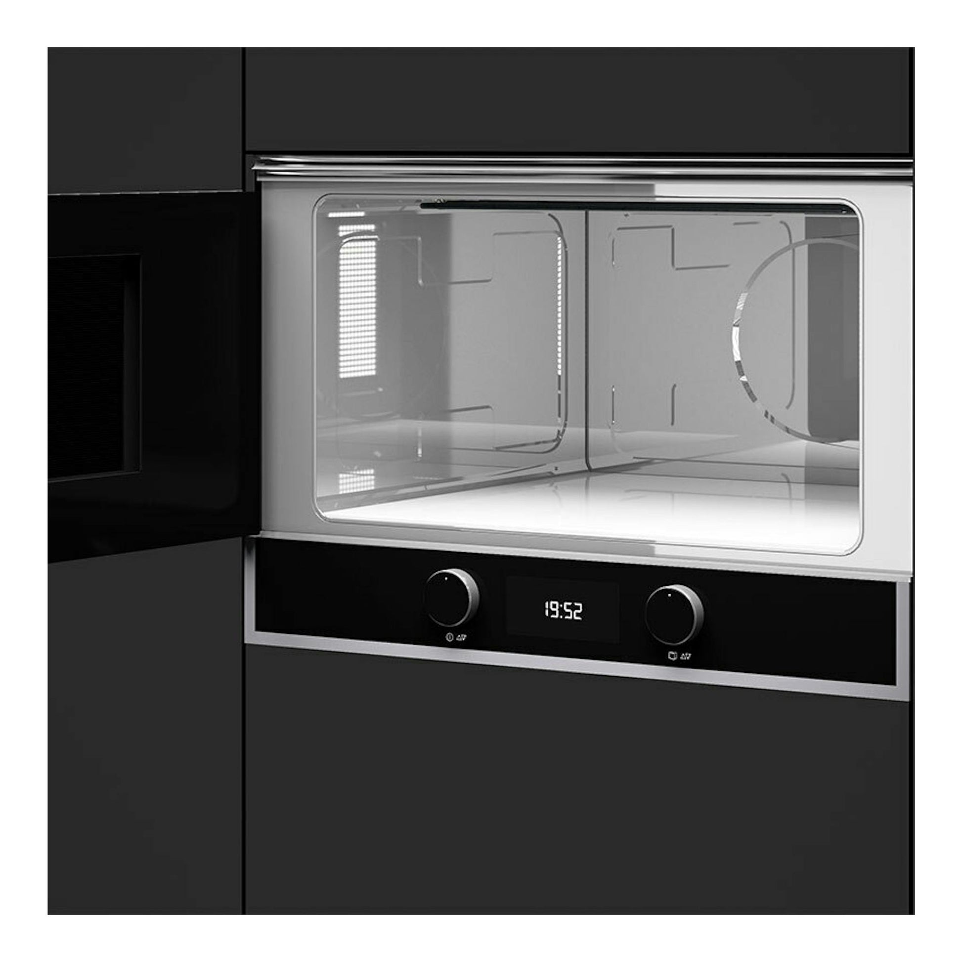 Microondas empotrable Teka ML822BIS L negro, vista frontal, con puerta abierta a la izquierda y panel digital.