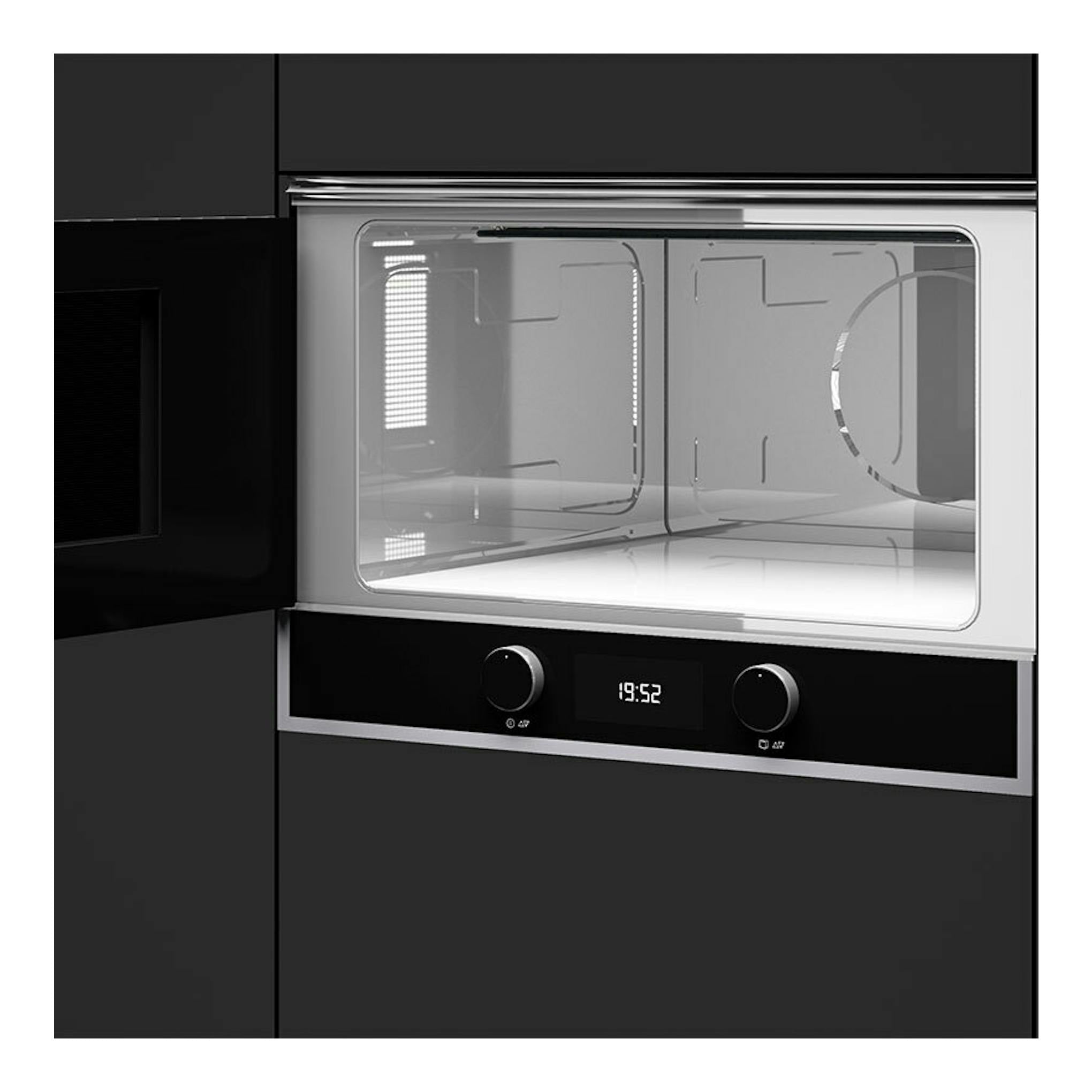 Microondas empotrable Teka ML822BIS L negro, vista frontal, con puerta abierta a la izquierda y panel digital.