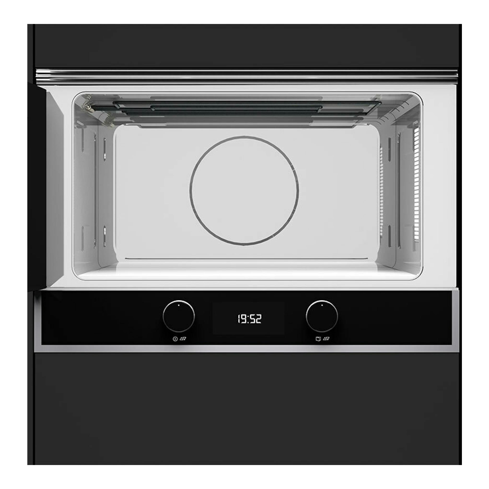 Microondas empotrable Teka ML822BIS L negro, vista frontal, con cavidad interior visible y panel con dos mandos.