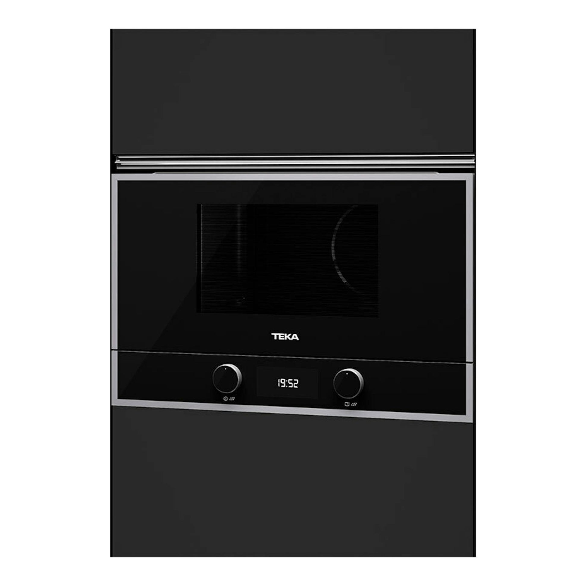Microondas empotrado Teka ML822BIS L negro, vista frontal, con pantalla digital y dos mandos.