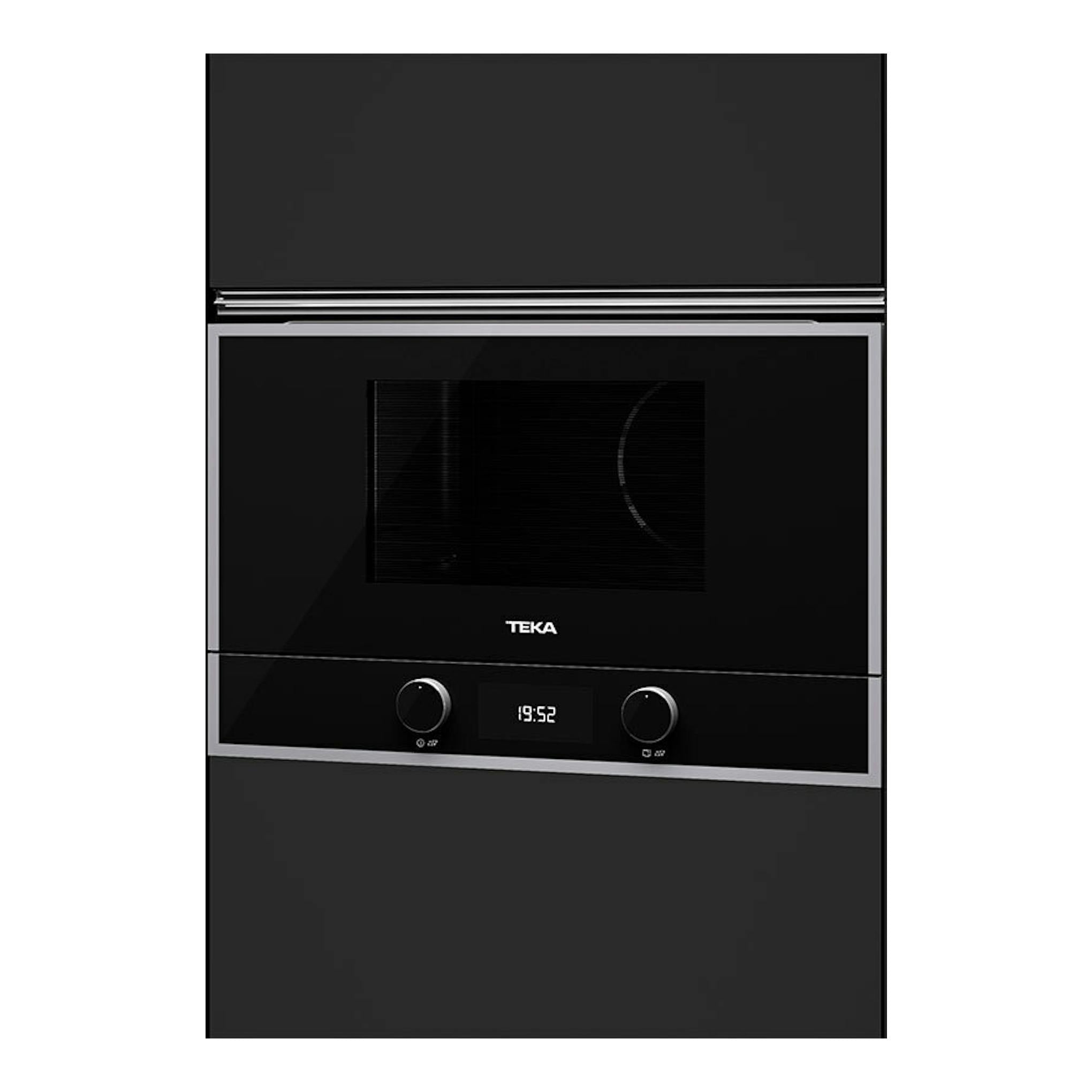 Microondas empotrado Teka ML822BIS L negro, vista frontal, con pantalla digital y dos mandos.