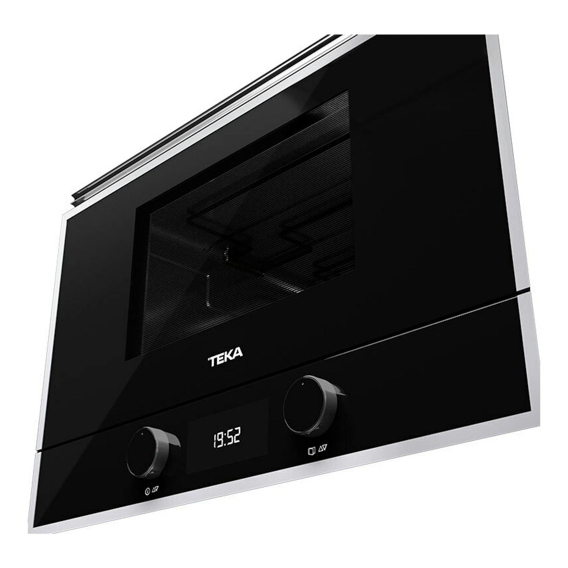 Microondas empotrable Teka ML822BIS L negro, vista frontal en ángulo, con display y dos mandos.