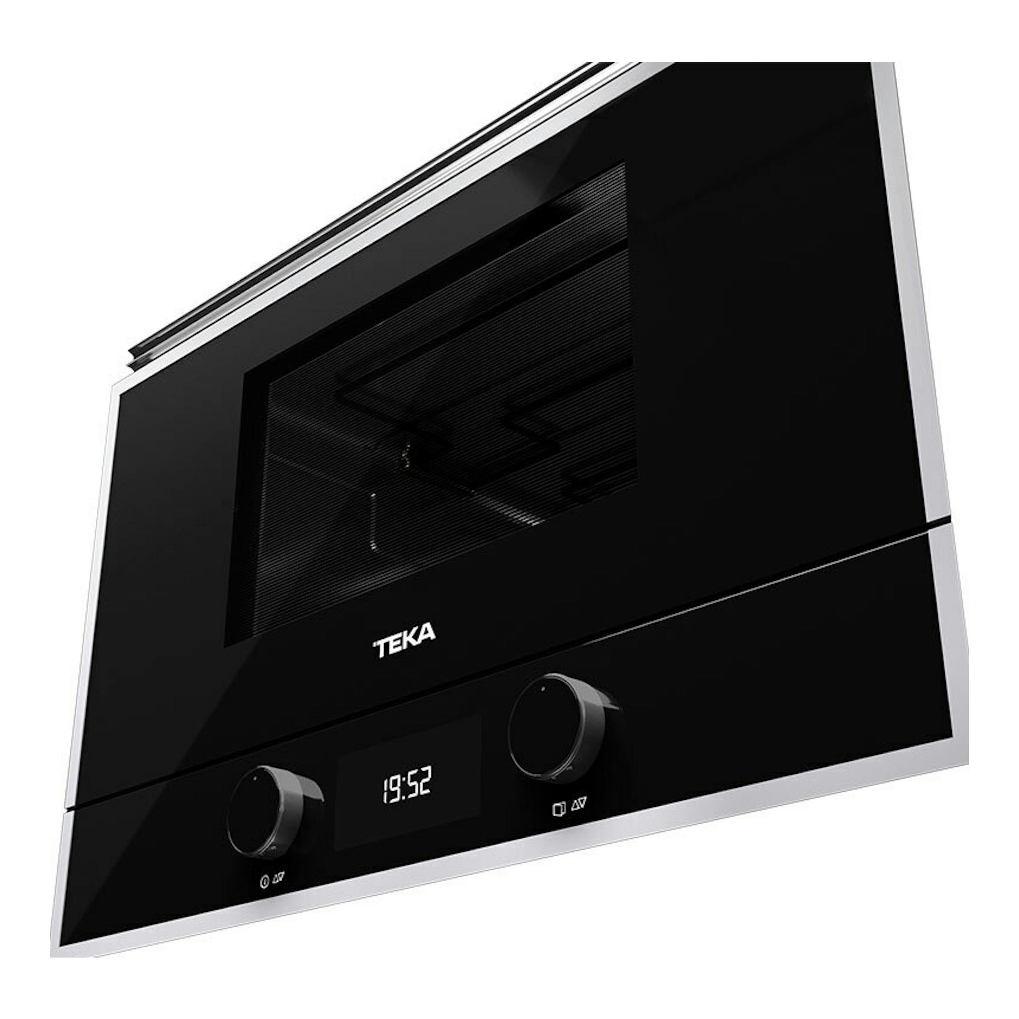 Microondas empotrable Teka ML822BIS L negro, vista frontal en ángulo, con display y dos mandos.