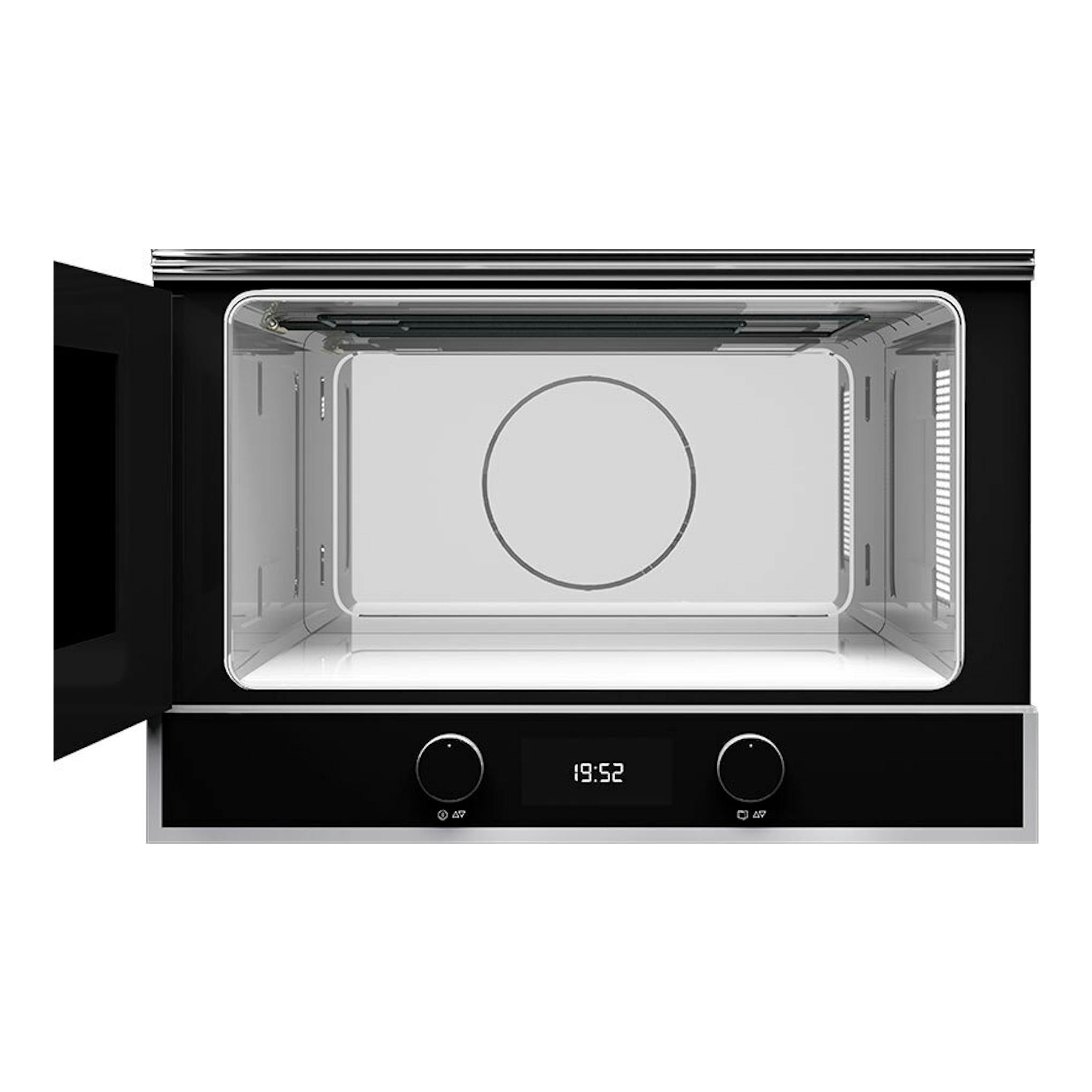 Microondas Teka ML822BIS L negro, vista frontal con la puerta abierta, interior visible, dos mandos y display.