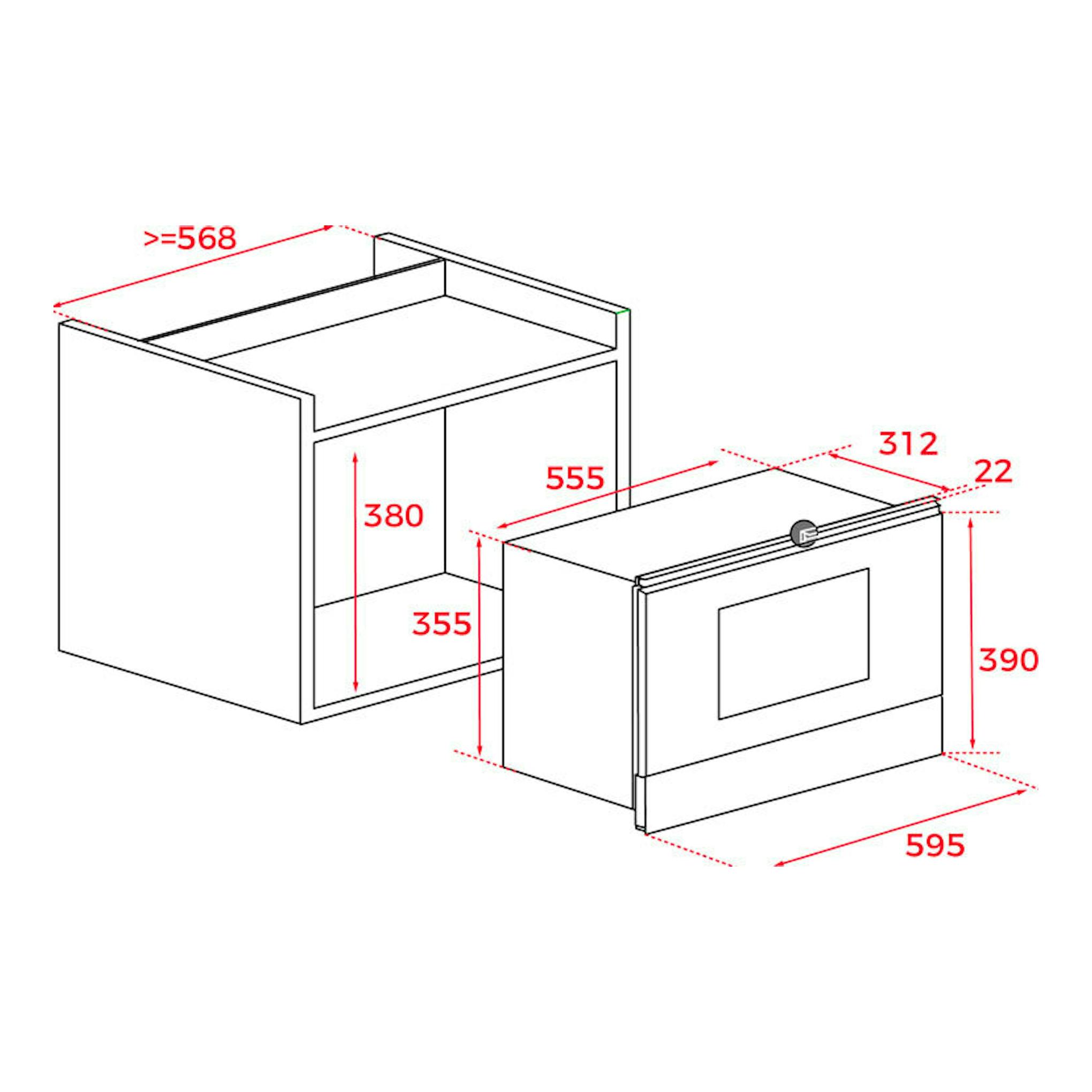 Dibujo técnico del microondas empotrable Teka ML82G1BISL en blanco, con medidas de instalación y vista frontal/lateral.