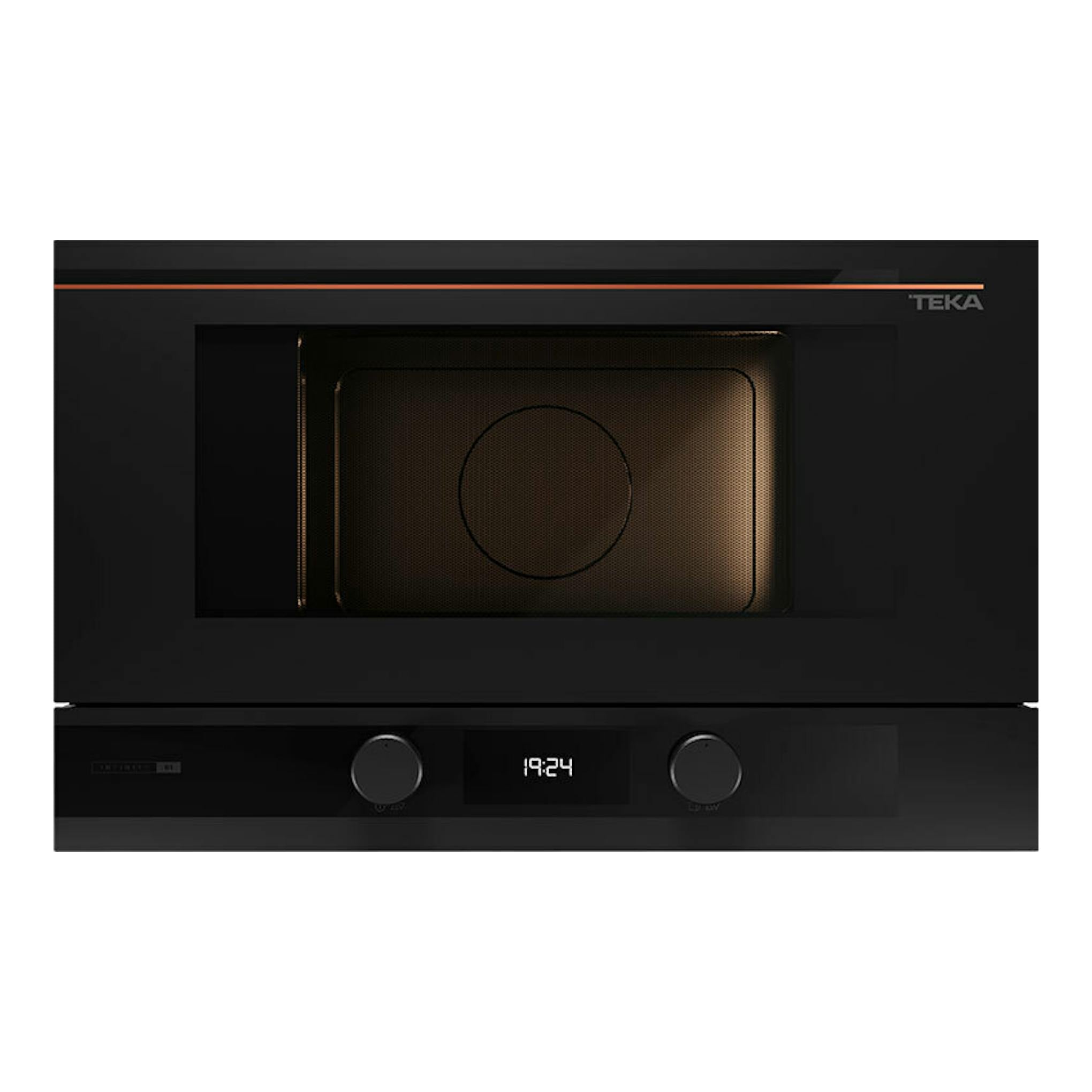 Microondas empotrado Teka ML82G1BISL negro, vista frontal, con pantalla digital y dos mandos.