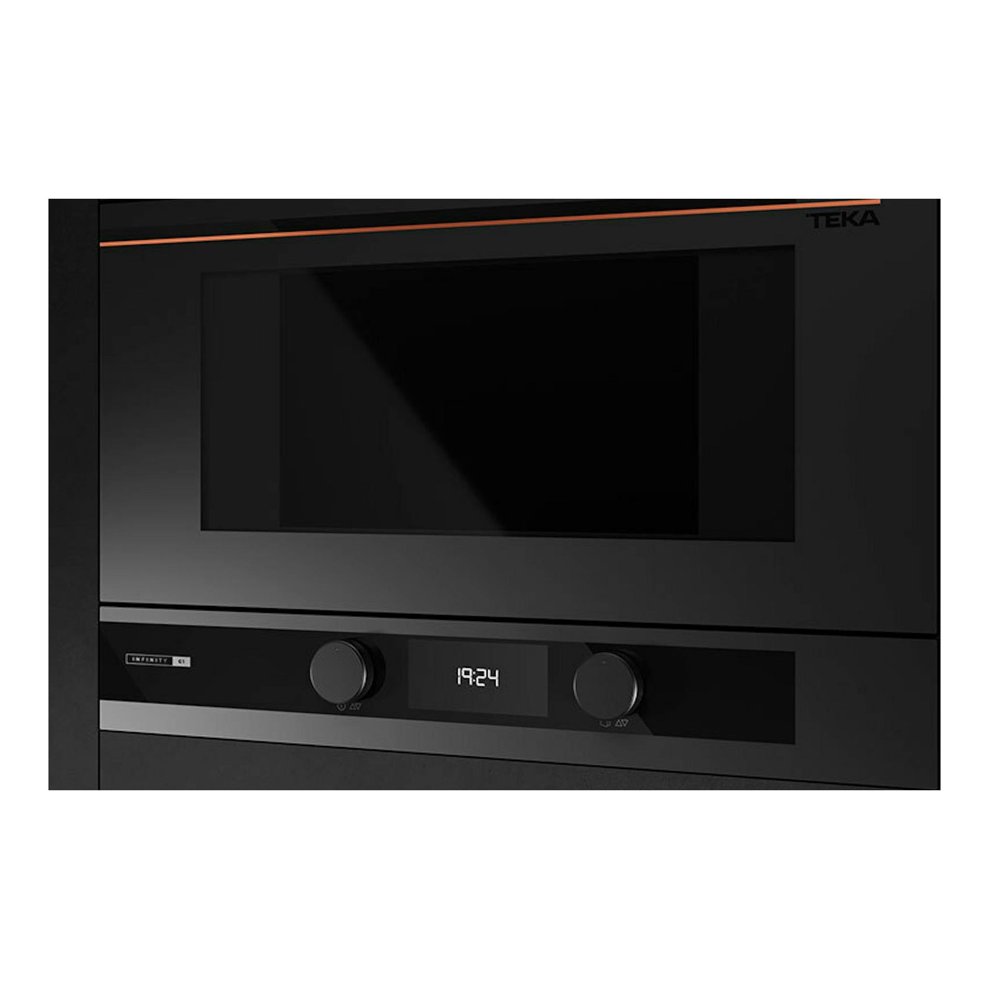 Microondas empotrado Teka ML82G1BISL negro, vista frontal, con pantalla digital y dos mandos giratorios.