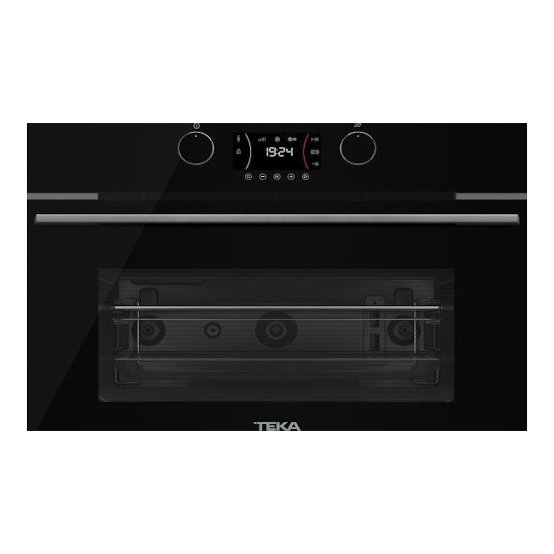 Microondas integrable Teka negro, vista frontal, con panel digital y puerta de cristal.
