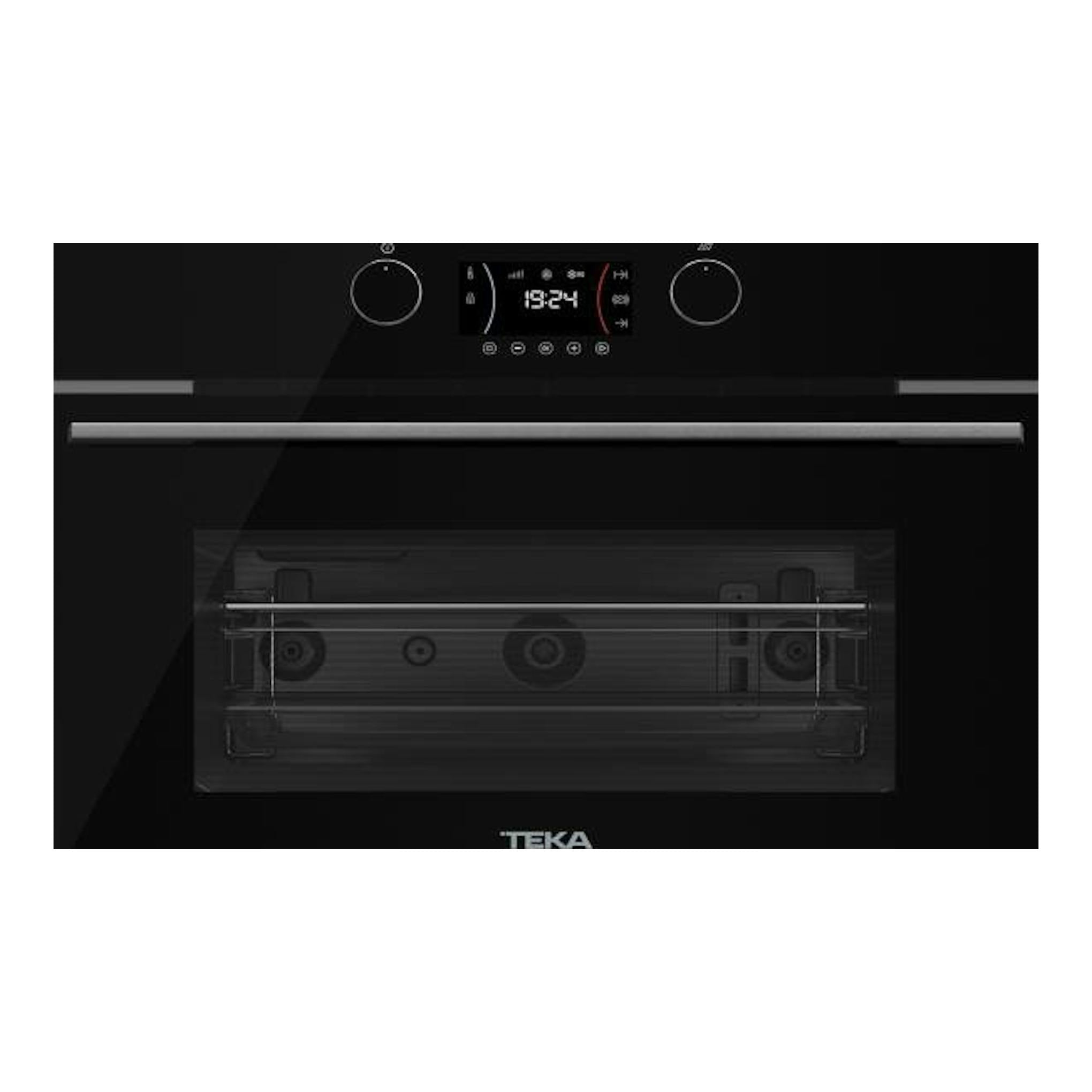 Microondas integrable Teka negro, vista frontal, con panel digital y puerta de cristal.